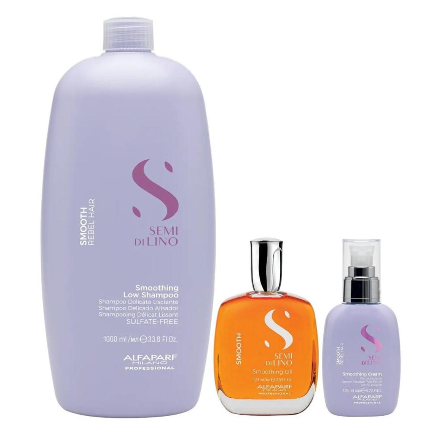 Kit Alfaparf Professional Semi Di Lino Smooth Smoothing - Shampoo 1L + Óleo 100ml + Cream Leave-In 125ml