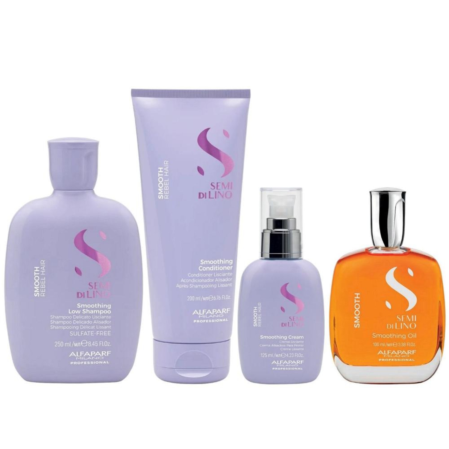Kit Alfaparf Semi Di Lino Smooth - Shampoo 250ml + Condicionador 200ml + Cream Leave-In 125ml + Óleo 100ml