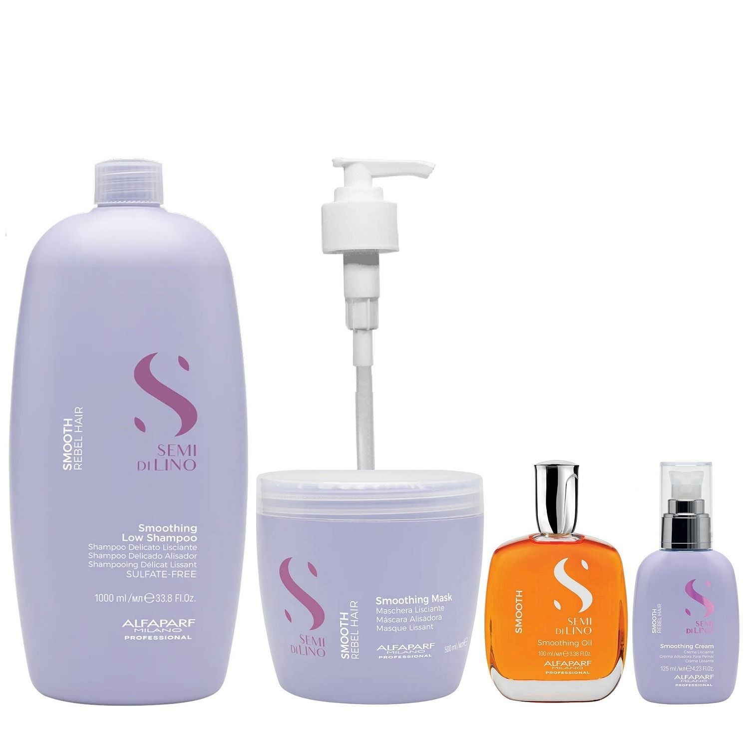 Kit Alfaparf Semi Di Lino Smooth Smoothing - Shampoo 1L + Máscara 500ml + Óleo 100ml + Cream Leave-In 125ml + Válvula