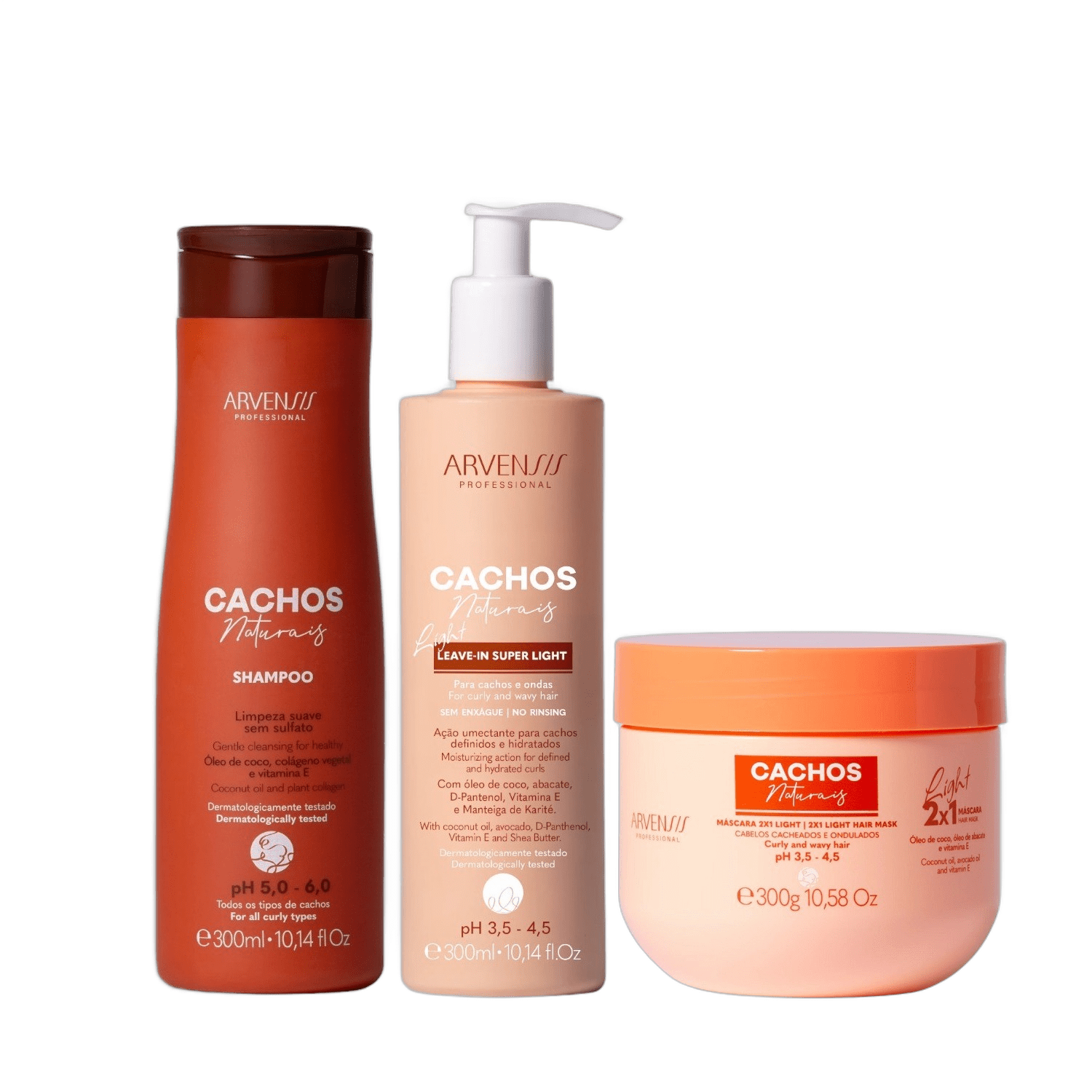 Kit Arvensis Cachos Naturais - Shampoo + Leave-In Light 300ml & Máscara 2x1 Light 300g