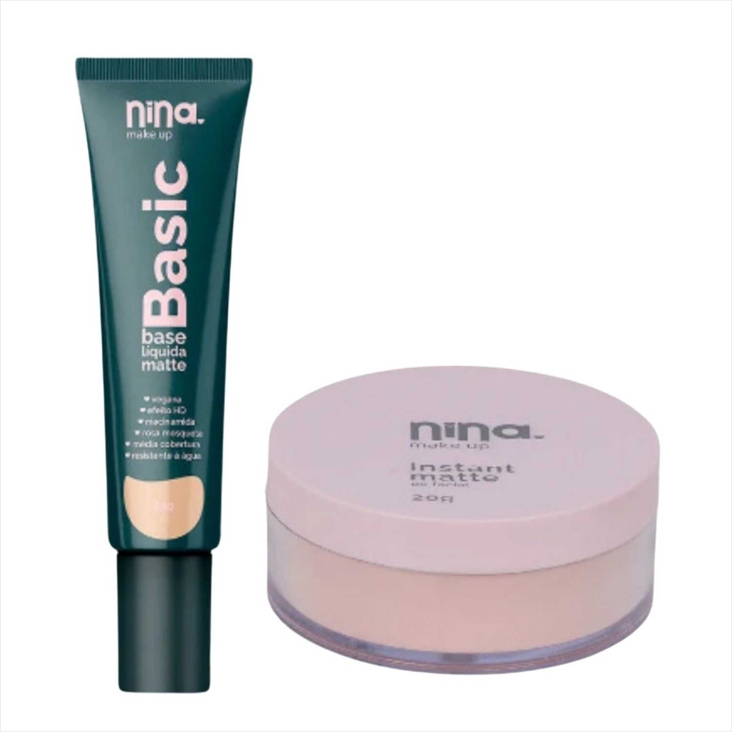 Kit Nina Makeup Base Líquida Basic+Pó Solto Instant Cor 1