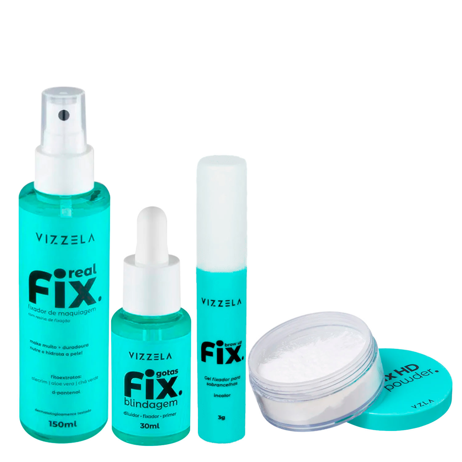 Kit Vizzela Real Fix 150ml + Gotas Fix 30ml + Brow Up Fix 3g + Pó Fix HD 15g