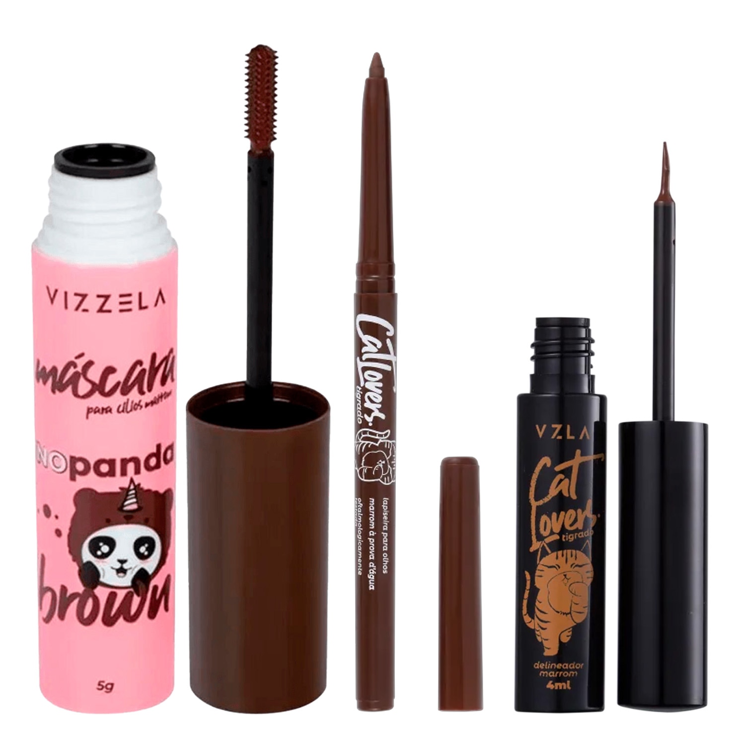 Kit Vizzela Máscara de Cílios No Panda Brown + Delineador Marrom + Lapiseira Marrom