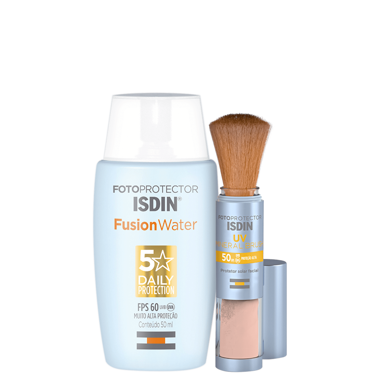 Kit ISDIN Fotoprotector Fusion Water 5 Stars + UV Brush Mineral (2 Produtos)