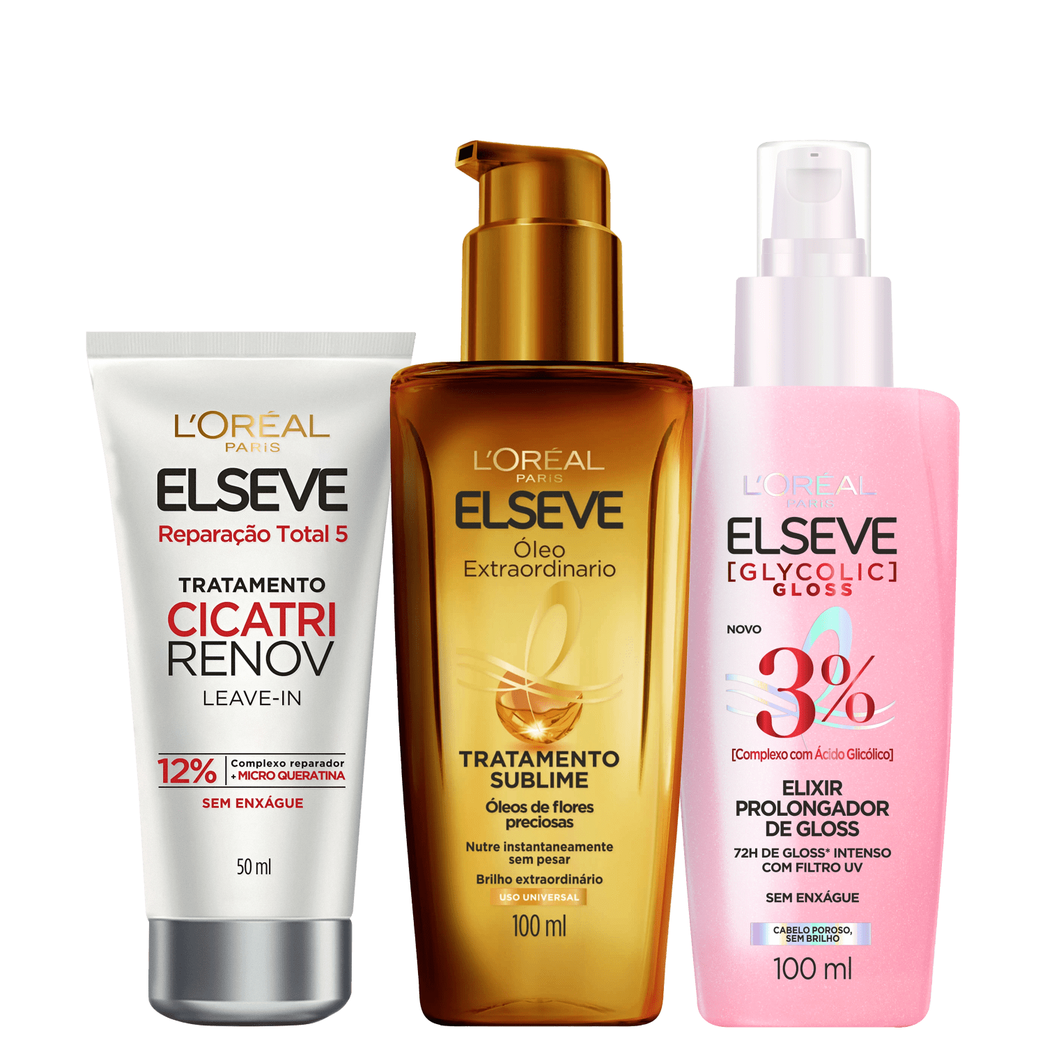 Kit Elseve L'Oréal Paris Óleo Extraordinário + Reparação Total 5 + Glycolic Gloss (3 Produtos)