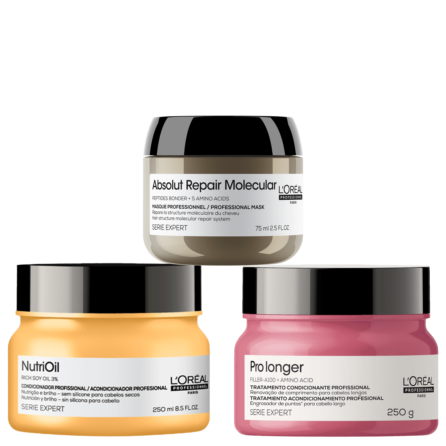 Kit L'Oréal Professionnel Absolut Repair Molecular + Prolonger + NutriOil Trio Masks (3 Produtos)