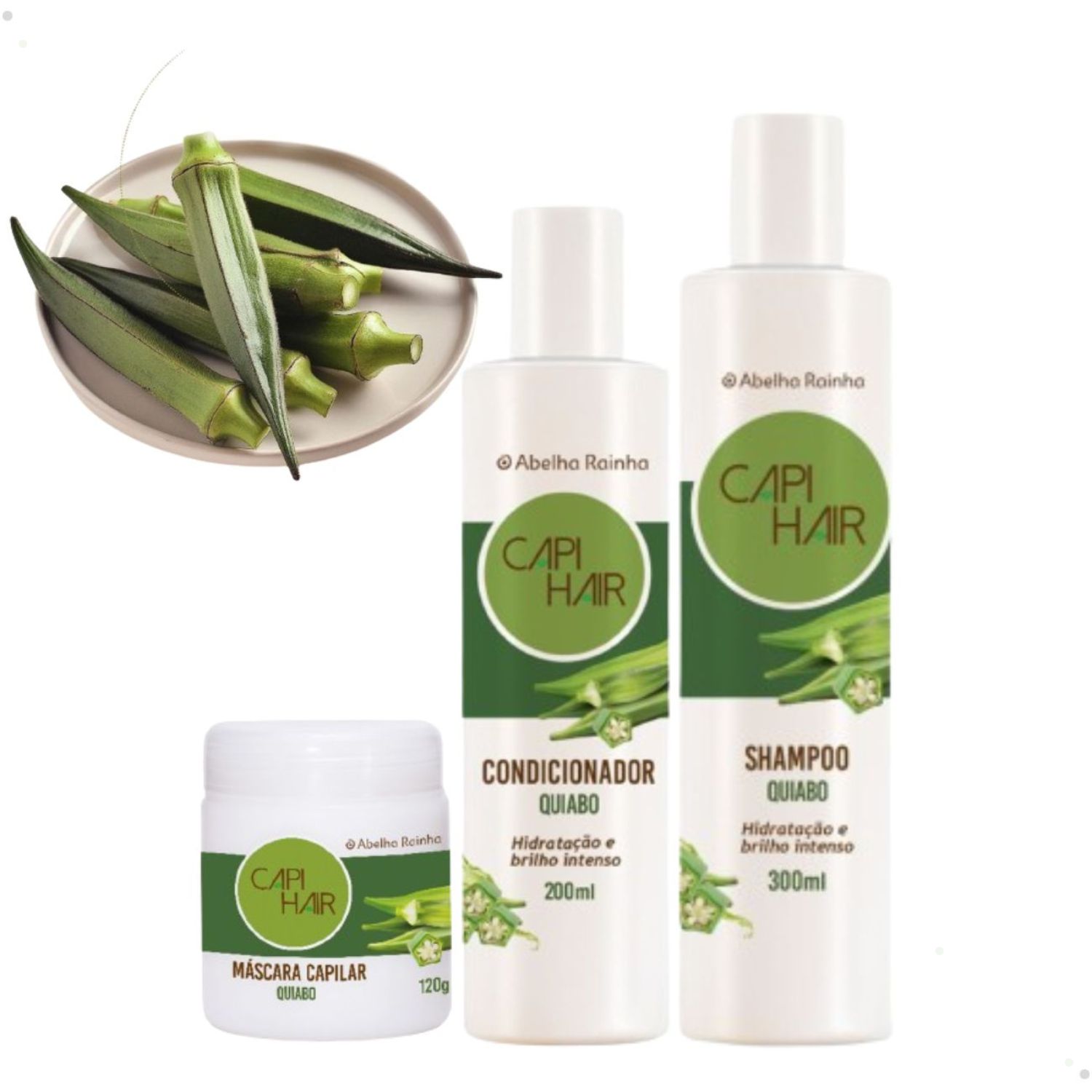 Kit Shampoo + Condicionador + Máscara Capilar Quiabo Capi Hair Hidratação e Brilho Intenso Abelha Rainha 2611 + 2612 + 2613