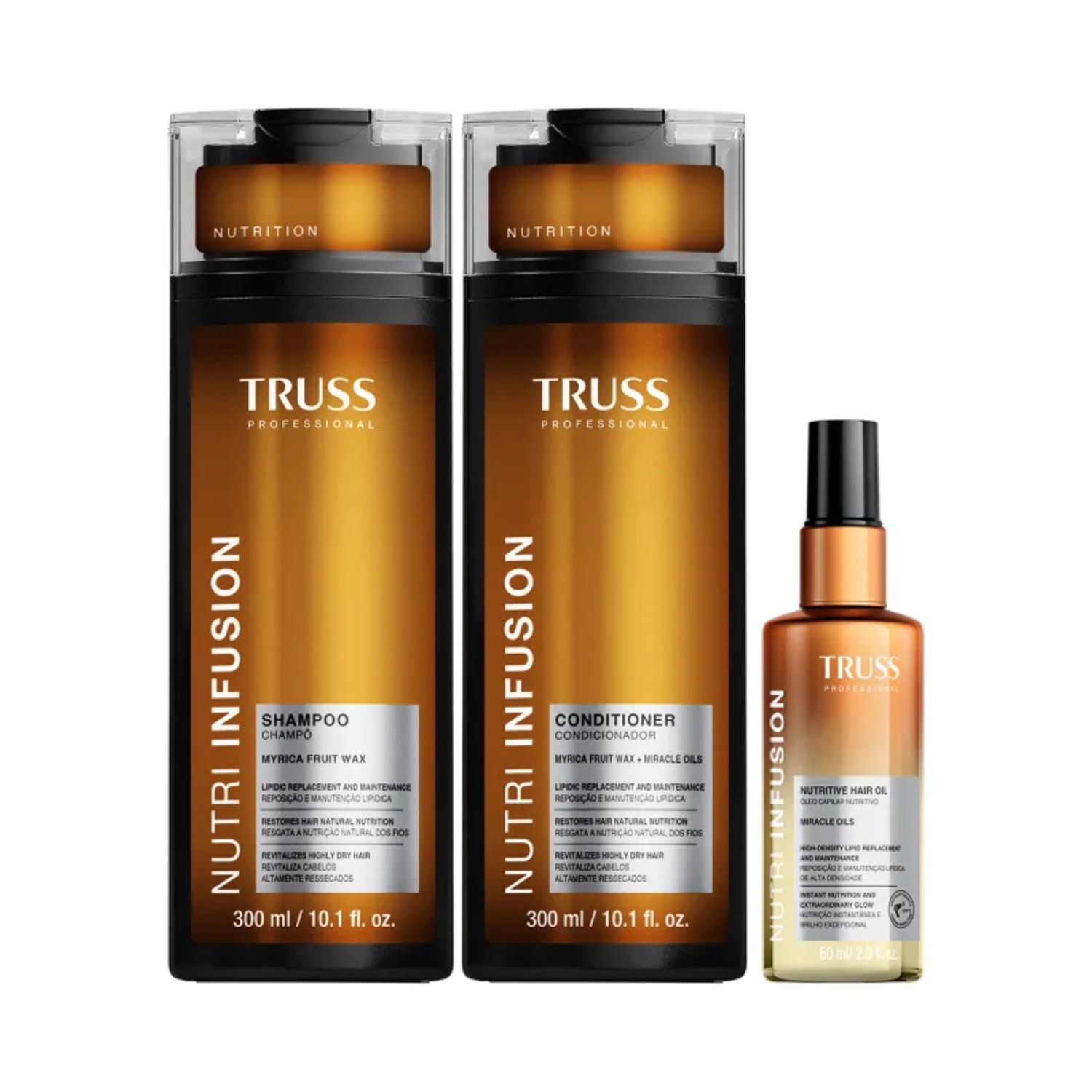 Kit TRUSS Nutri Infusion Trio shampoo 300ml, condicionador 300ml e serum 60ml.