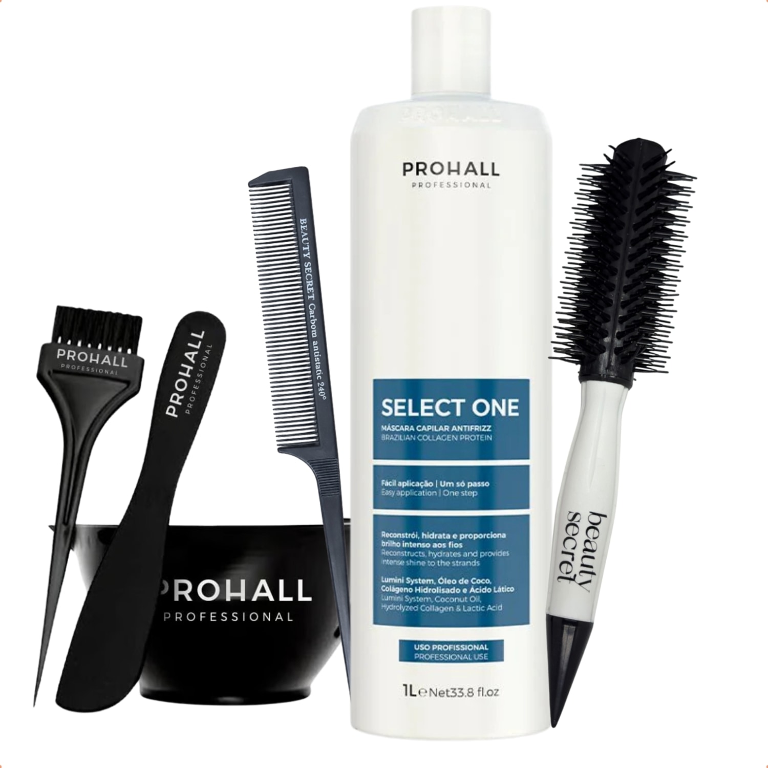 Kit Prohall Select One Escova Beauty Secret Pente e Acessório