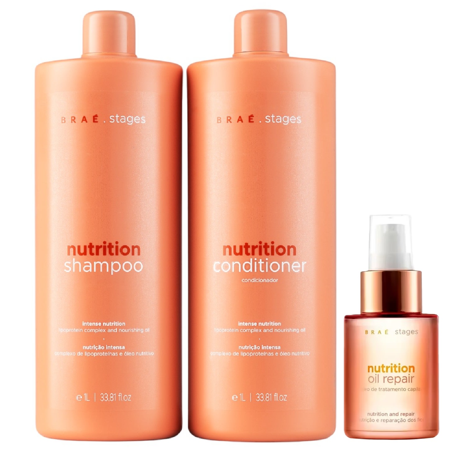 kit Braé Stages Nutrition Shampoo 1L + Condicionador 1L + Hair Oil 60ml