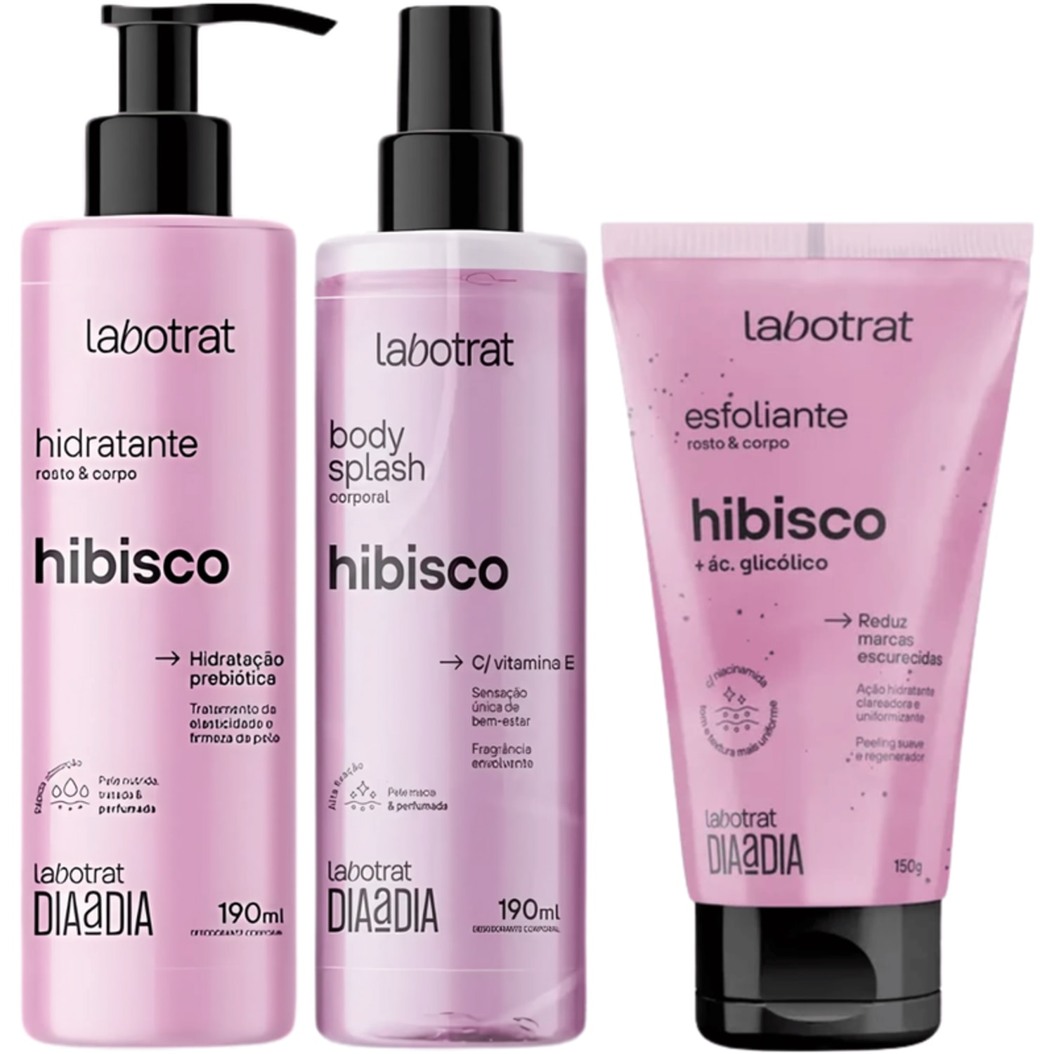 Kit Body Splash + Esfoliante + Hidratante Corpo E Rosto Labotrat Cheiro De Fruta Hibisco 150g