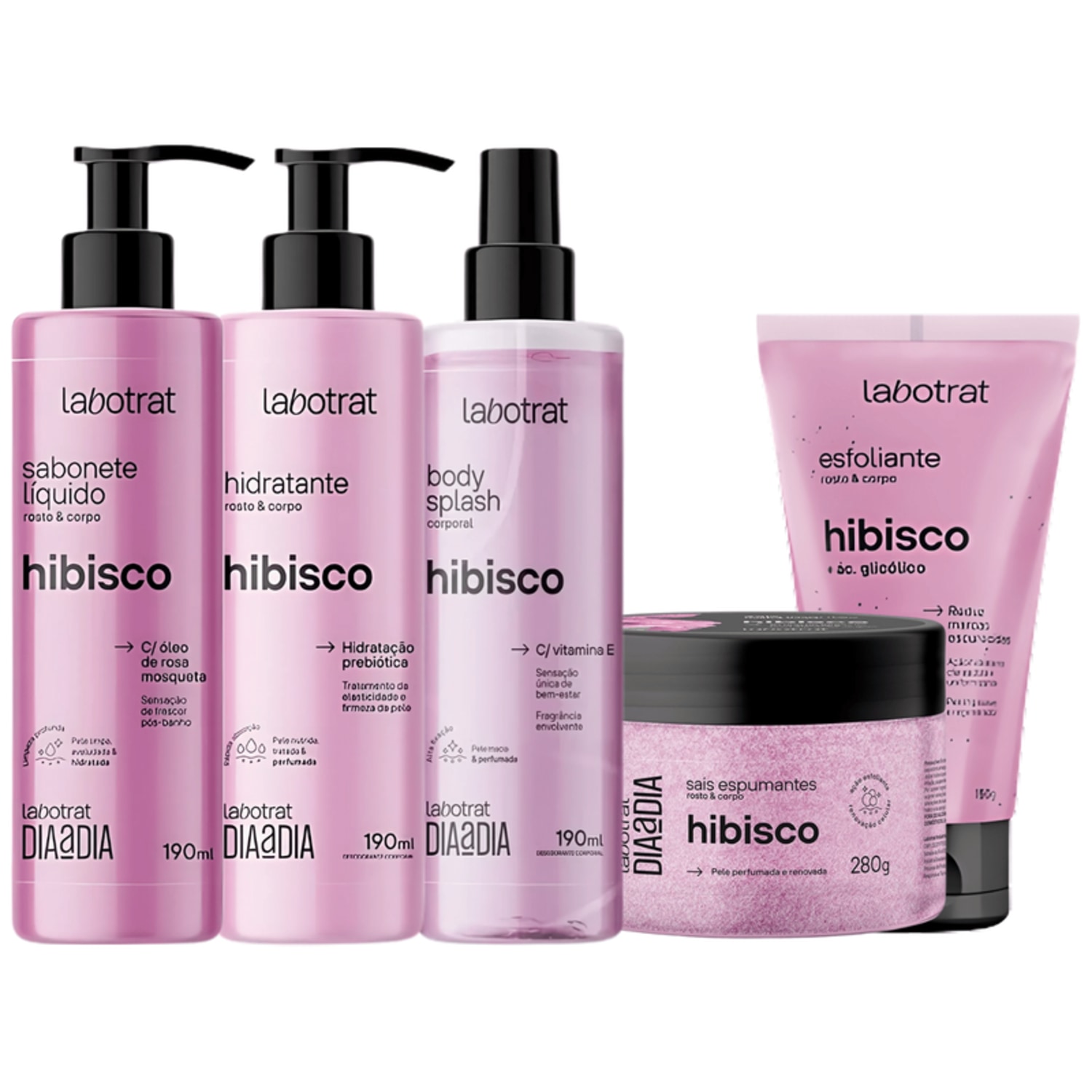 Kit Banho Premium Labotrat Hibisco Completo 5 Produtos Corpo E Rosto Cheiro De Fruta Esfoliante