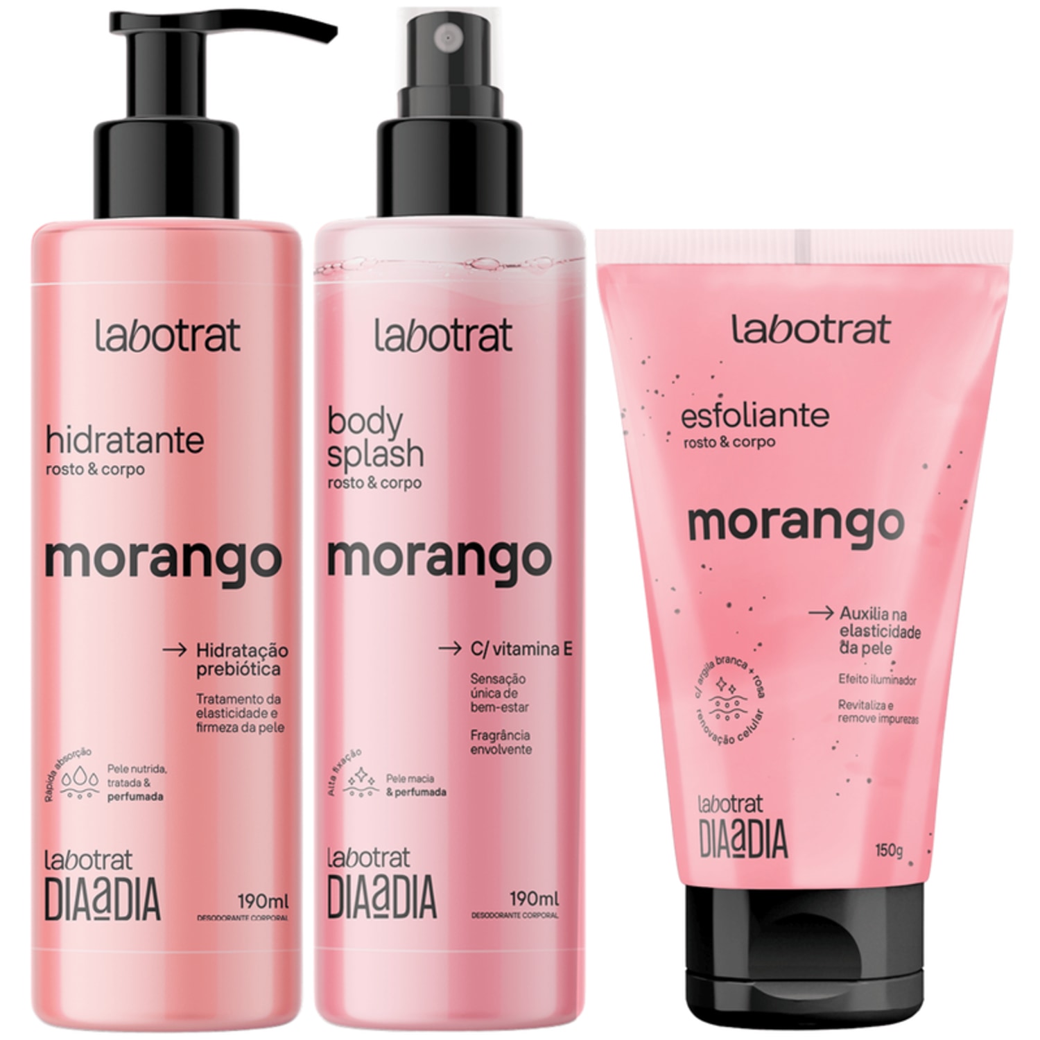 Kit Body Splash + Esfoliante + Hidratante Corpo E Rosto Labotrat Cheiro De Fruta Morango 150g