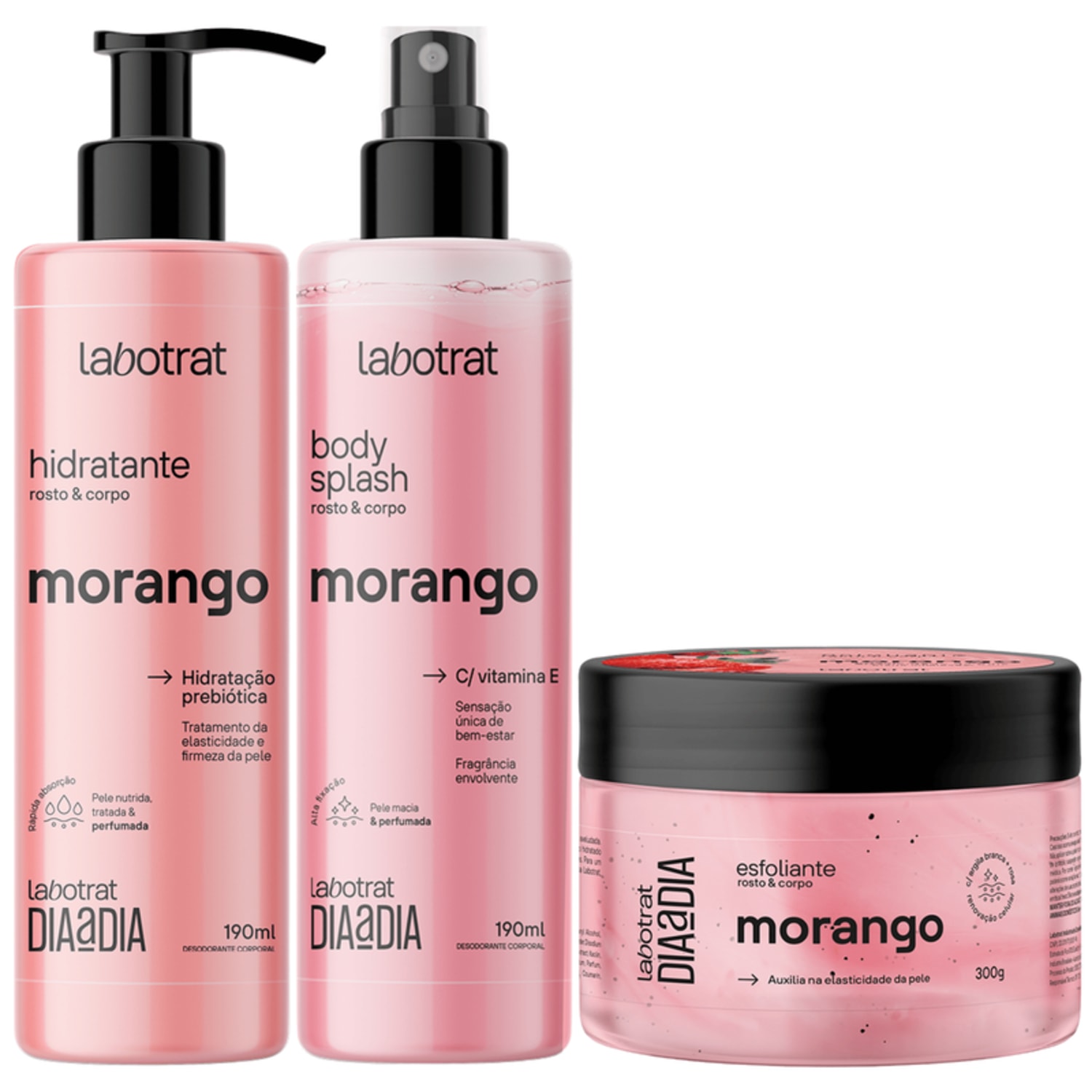 Kit Body Splash + Esfoliante + Hidratante Corpo E Rosto Labotrat Cheiro De Fruta Morango 300g