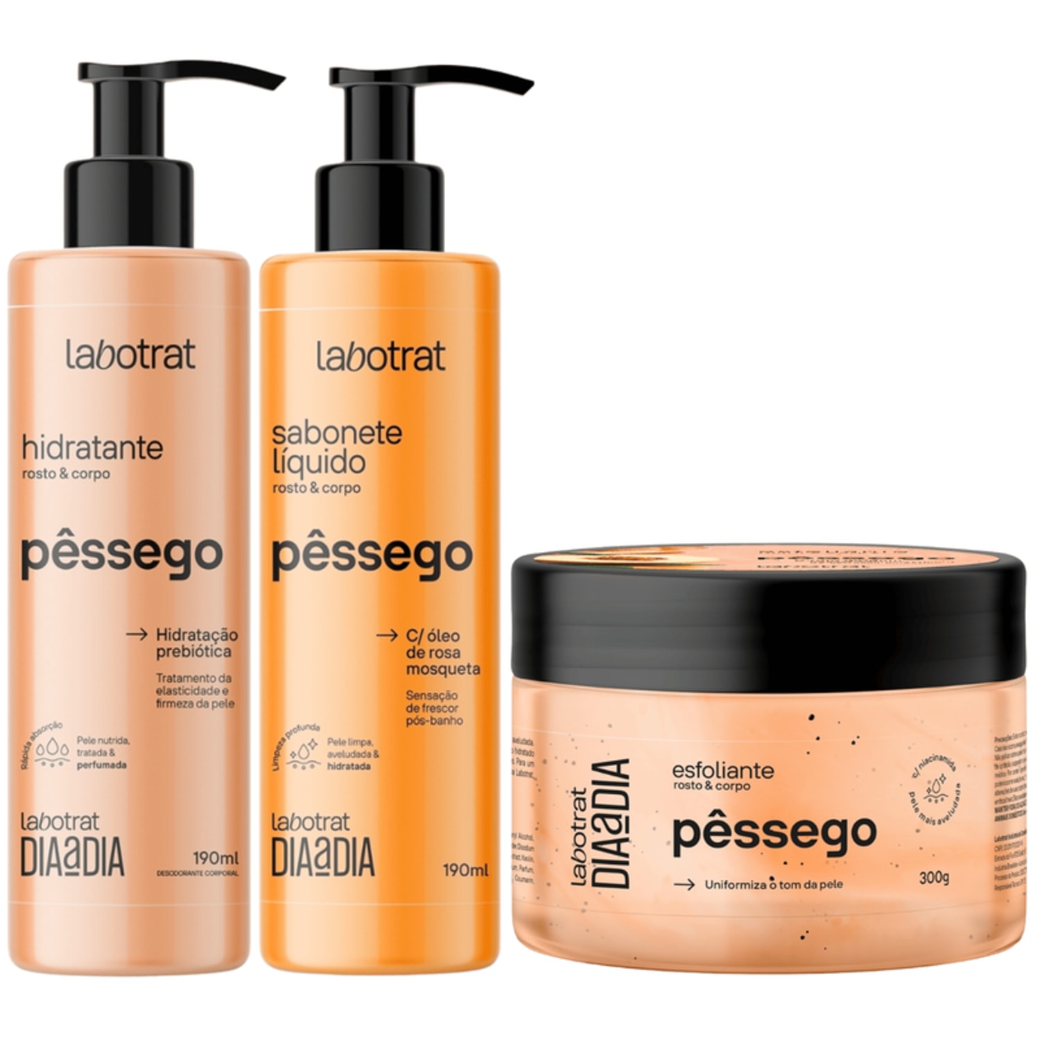 Kit Sabonete Liquido + Esfoliante + Hidratante Corpo E Rosto Labotrat Cheiro De Fruta Pêssego 300g