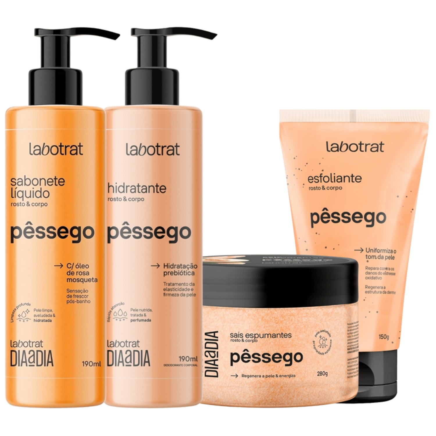 Kit Banho Premium Labotrat Pêssego Completo 4 Produtos C/ Sais Corpo E Rosto Cheiro De Fruta