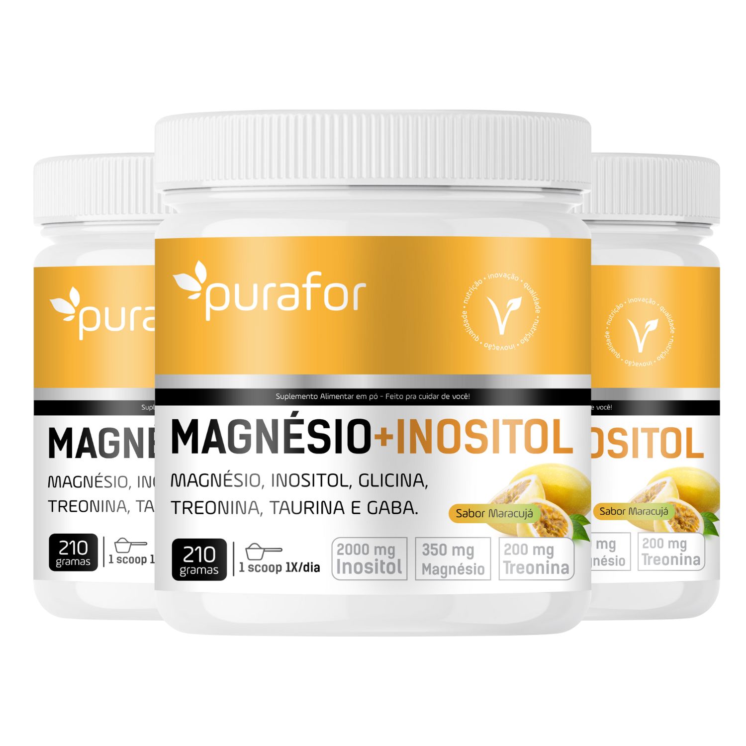 Kit 3x Magnésio com Inositol, Glicina, Taurina, Treonina e GABA – 210g Purafor