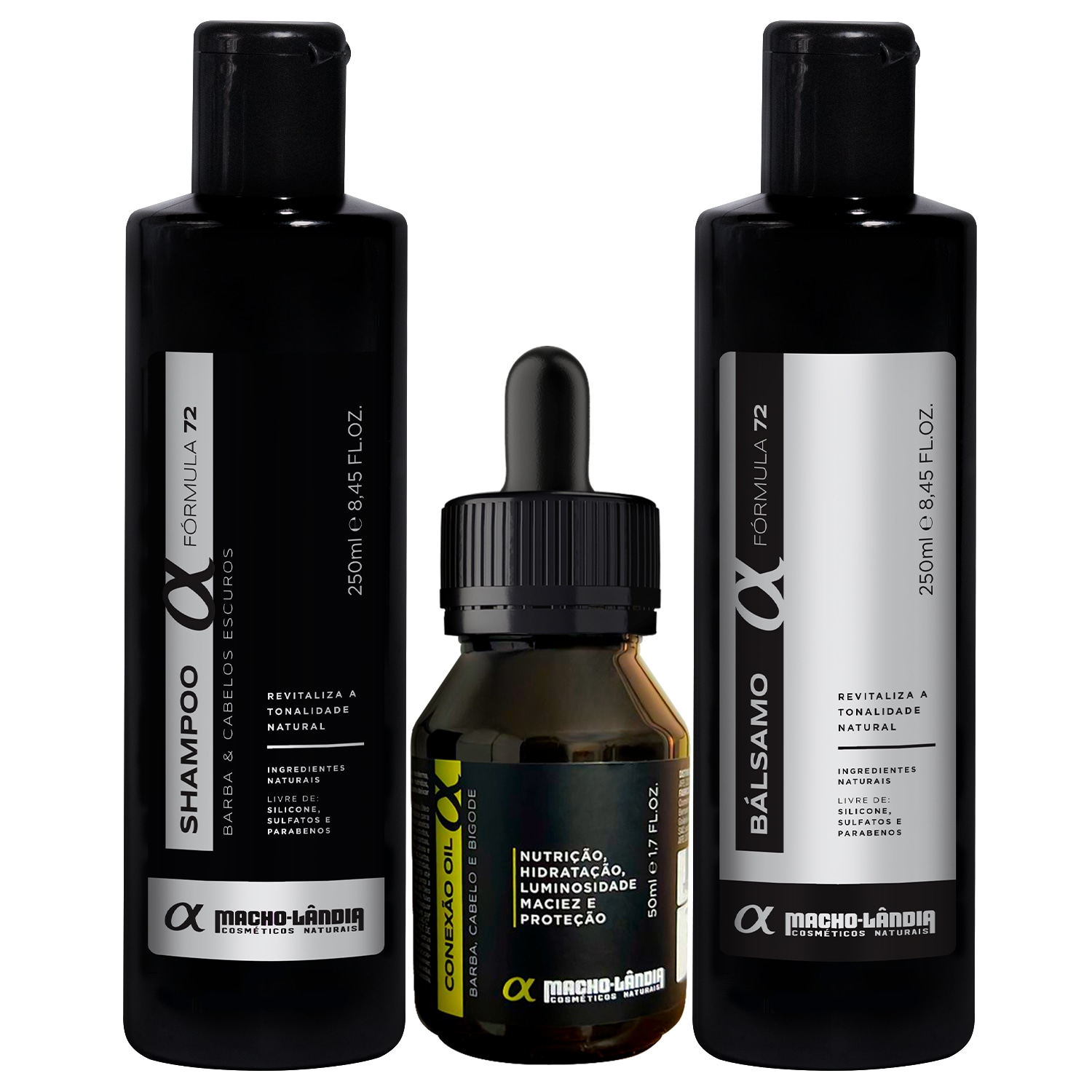 Kit Macho-Lândia Para Barba Escura Shampoo + Bálsamo + Óleo (3 Produtos)