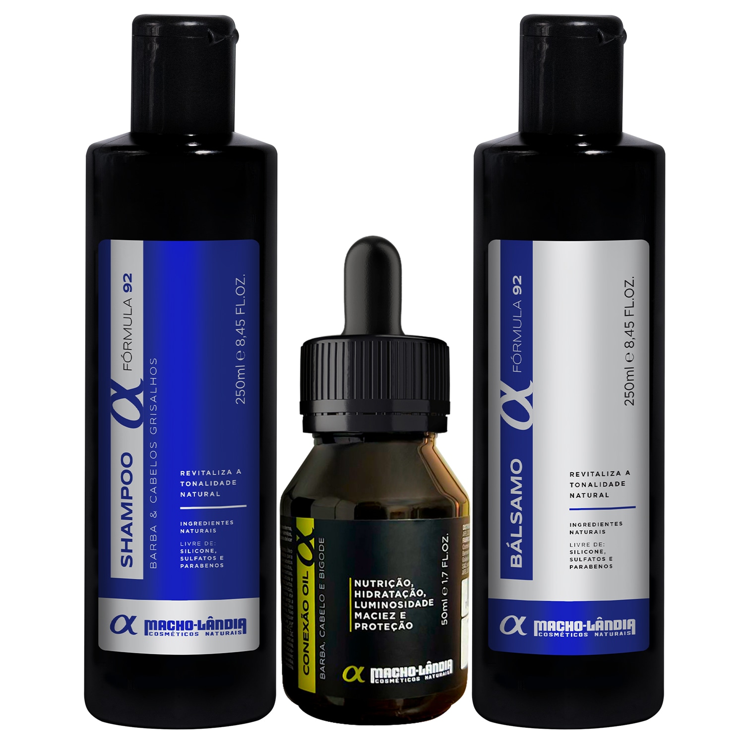 Kit Macho-Lândia De Barba Grisalha Óleo + Shampoo + Bálsamo (3 Produtos)