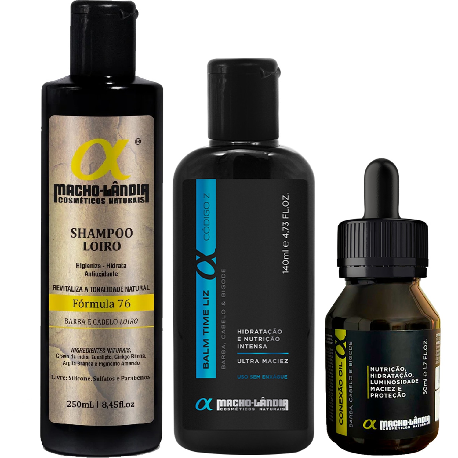 Kit Macho Lândia Para Barba Loira Balm + Óleo + Shampoo (3 Produtos)