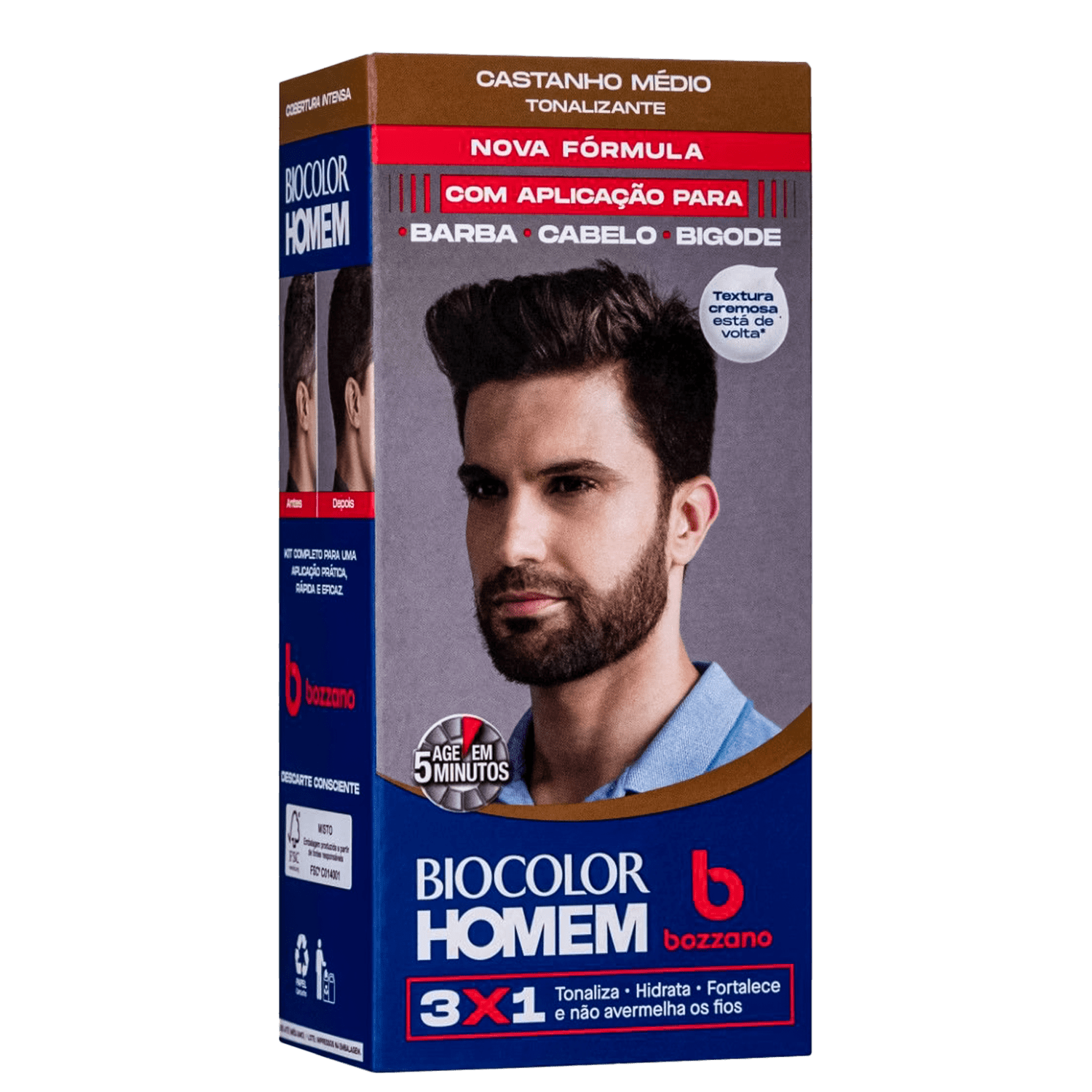 Bozzano Biocolor Homem 3x1 Castanho Médio - Tonalizante Masculino