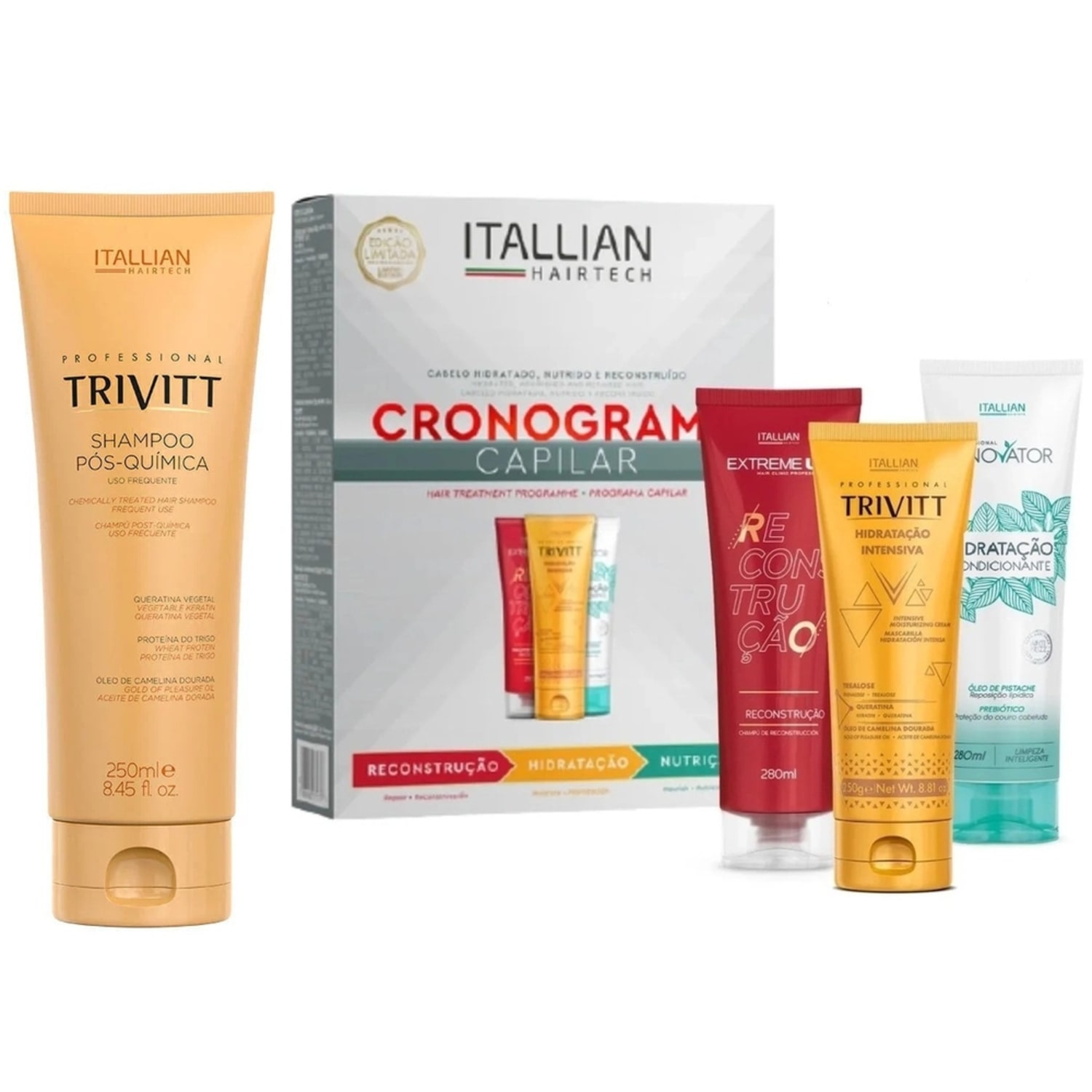 Kit Itallian Cronograma Capilar Hidratação, Nutrição e Recontrução + Shampoo Trvitt Pós Quimica