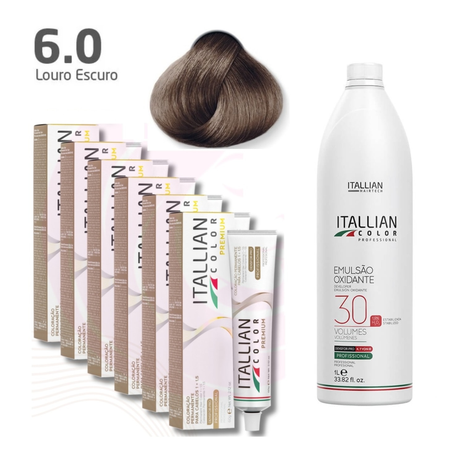 Kit 6 Coloração Itallian Color 6.0 Louro Escuro 60g + Oxi 1L