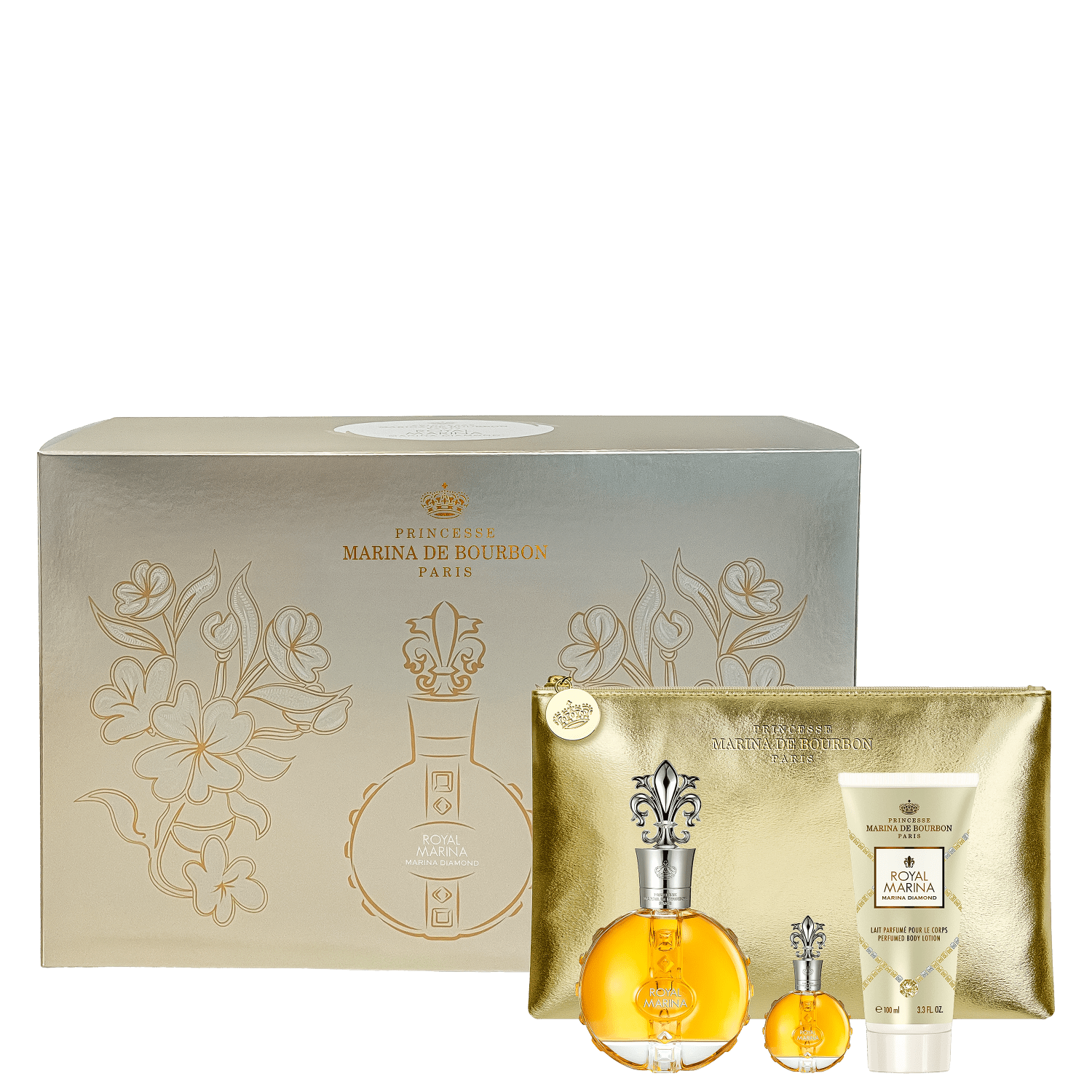 Conjunto Royal Diamond Marina de Bourbon Feminino - Perfume Eau de Parfum 100ml + Perfume Feminino 7,5ml + Body Lotion 100ml