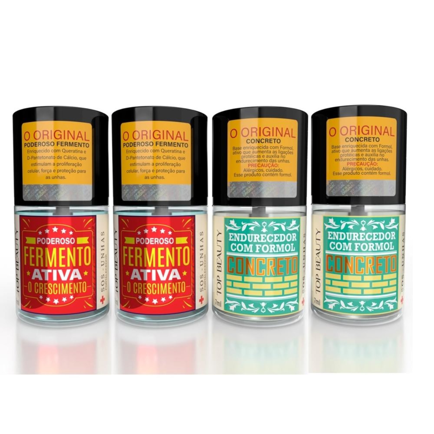 Kit 4 Bases de Unhas Top Beauty Fortalecedora 2 Fermento Ativo + 2 Concreto 7ml - cada