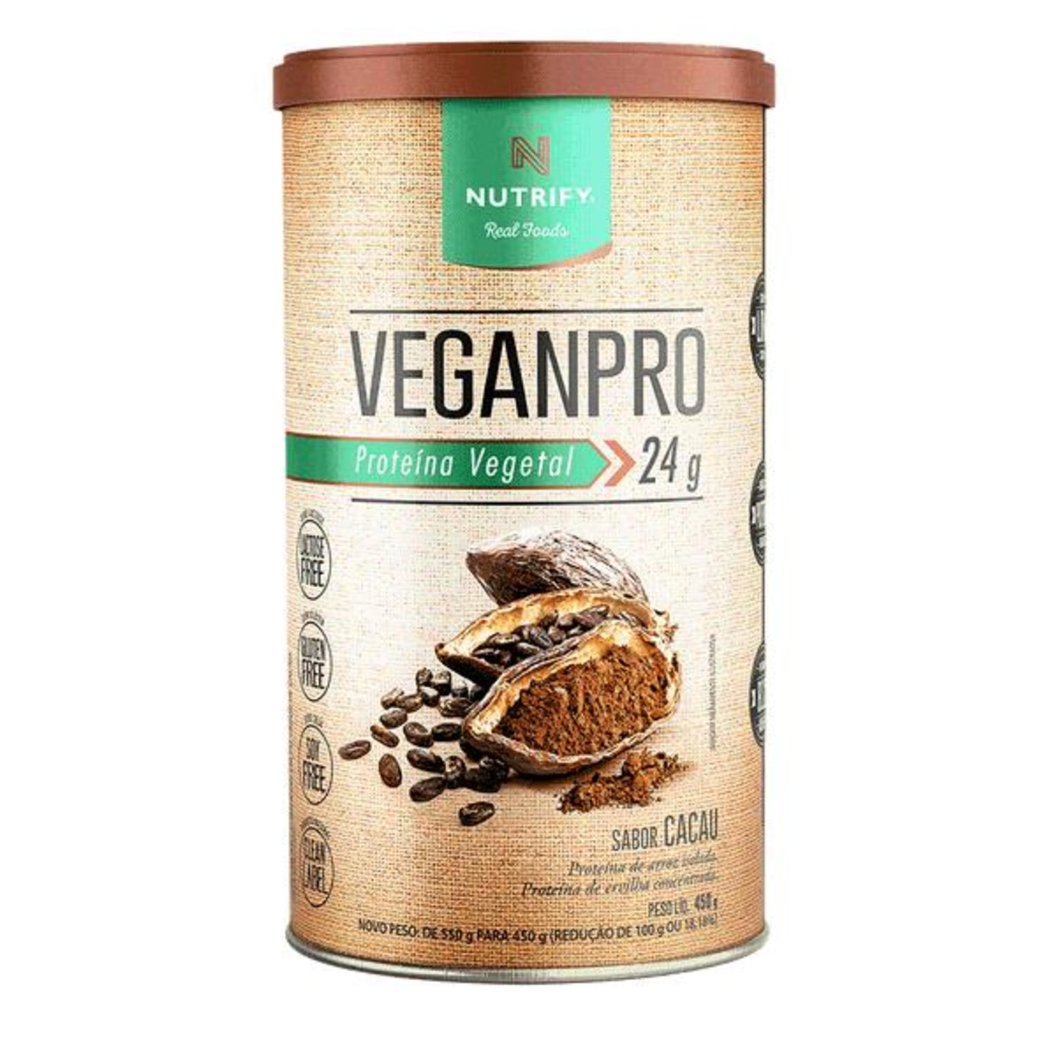 Nutrify VeganPro Proteína Vegetal 24g Cacau - Suplemento Alimentar em Pó 450g