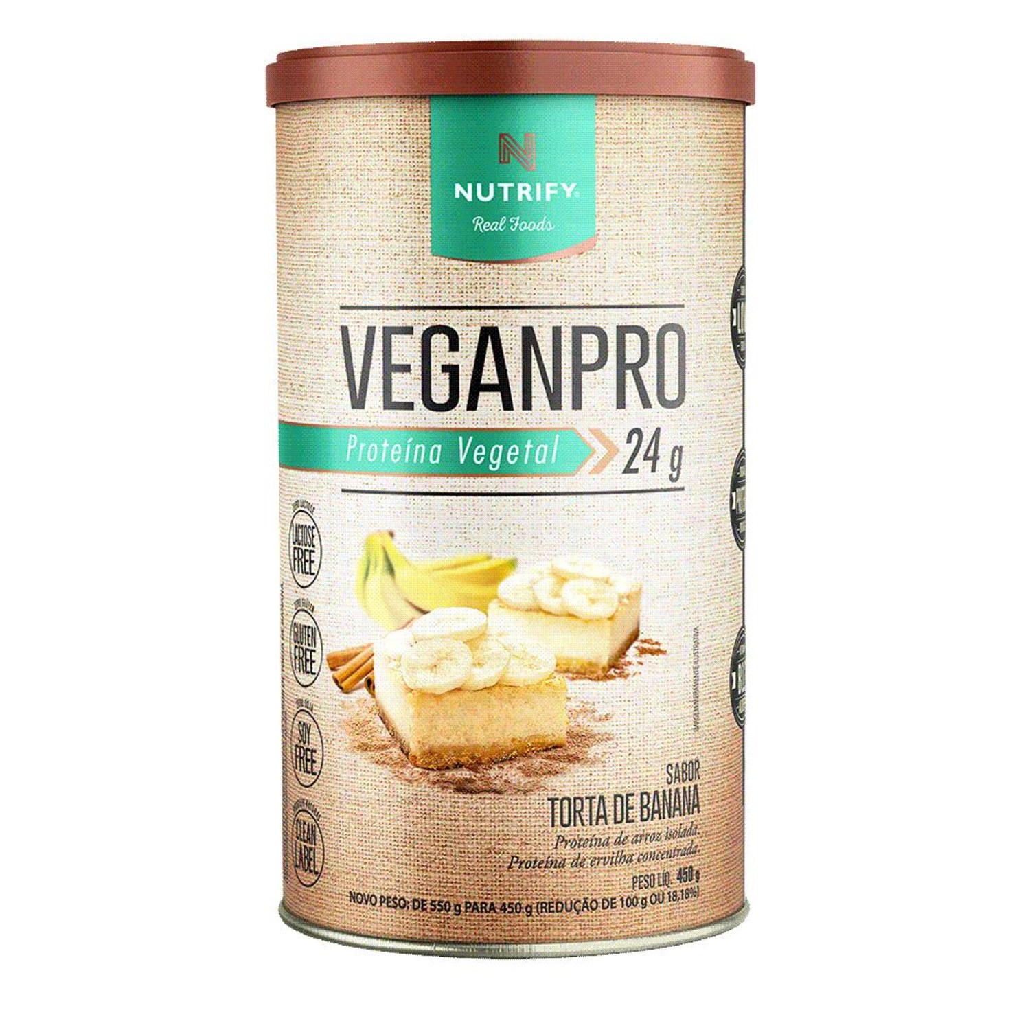Nutrify VeganPro Proteína Vegetal 24g Torta de Banana - Suplemento Alimentar em Pó 450g