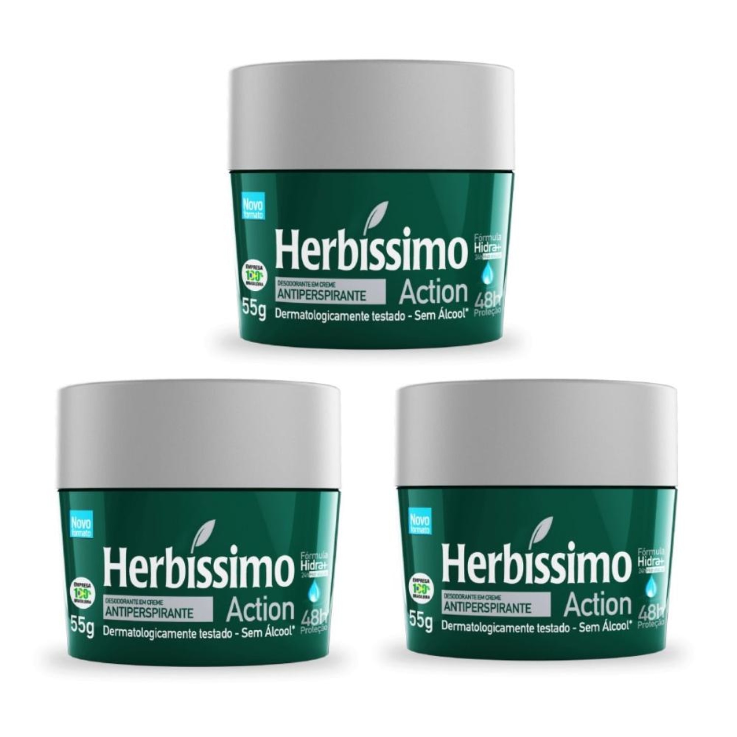 Kit 3 Desodorante Creme Herbissimo Action Antitranspirante 55g