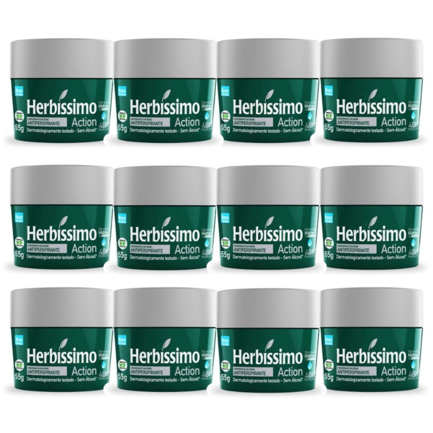 Kit 12 Desodorante Creme Herbissimo Action Antitranspirante 55g