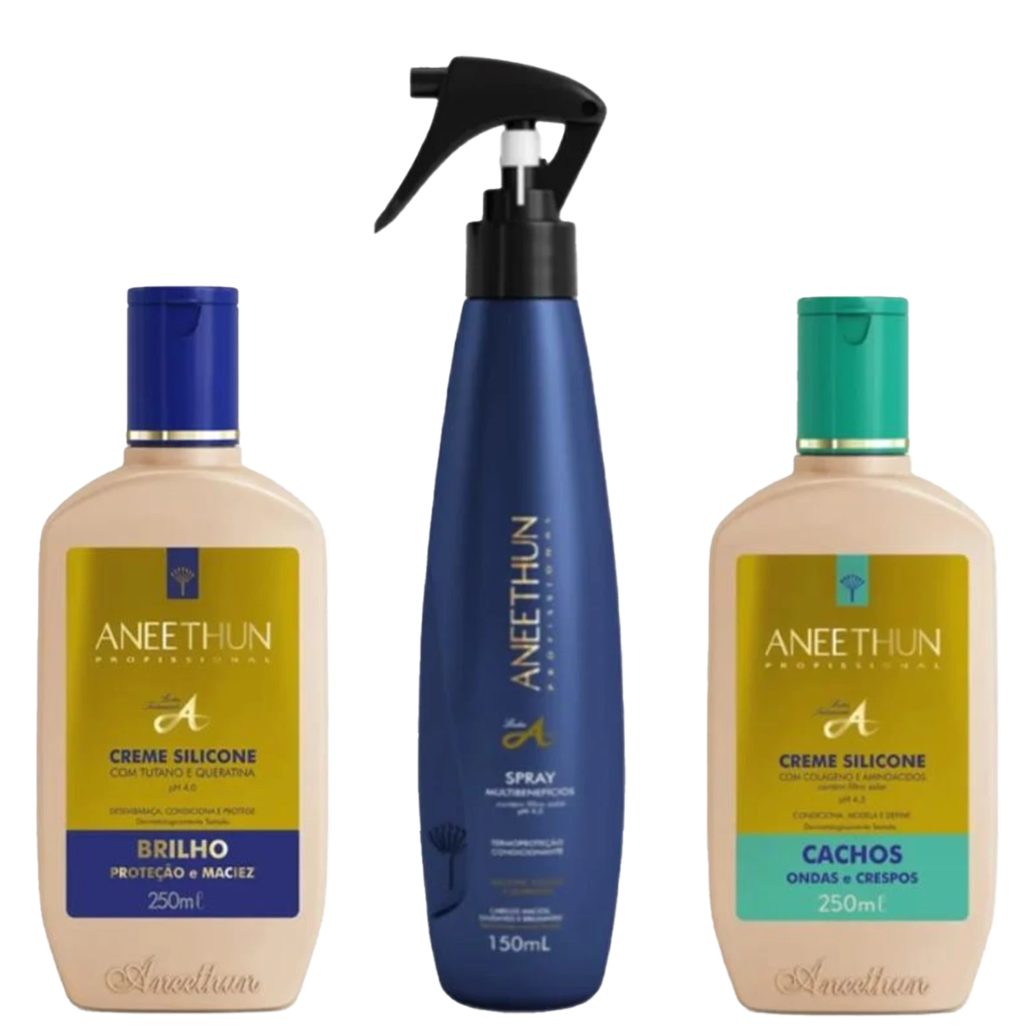 Aneethun Linha A - Kit Creme Silicone 250 ml + Spray Multifuncional 150 ml + Creme Silicone Cachos 250 ml