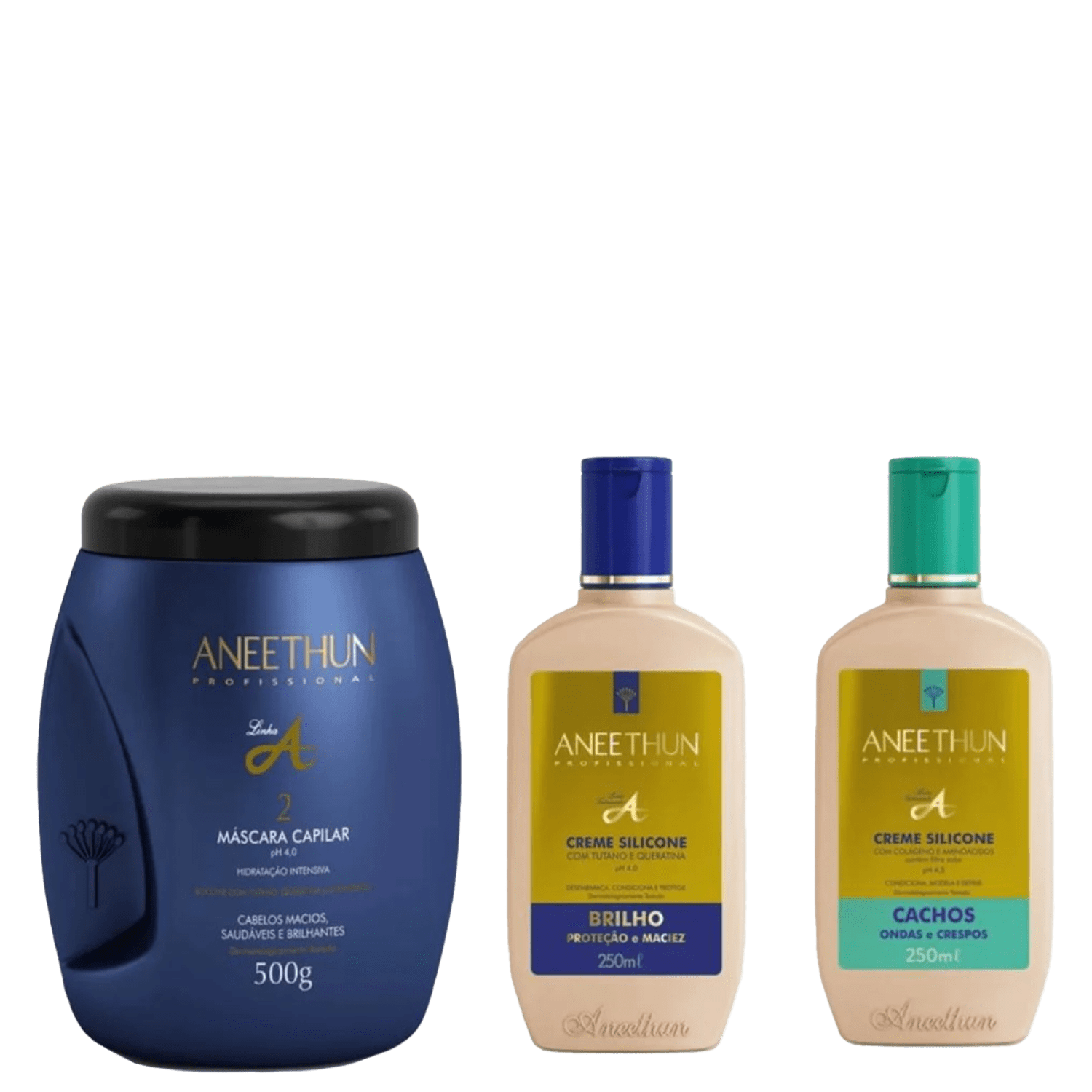 Aneethun Linha A - Kit Máscara 500 ml + Creme Silicone 250 ml + Creme Silicone Cachos 250 ml