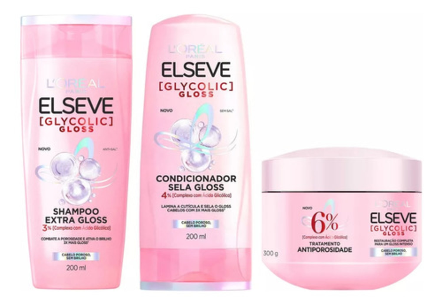 Kit Elseve Glycolic Gloss Shampoo + Condicionador + Máscara