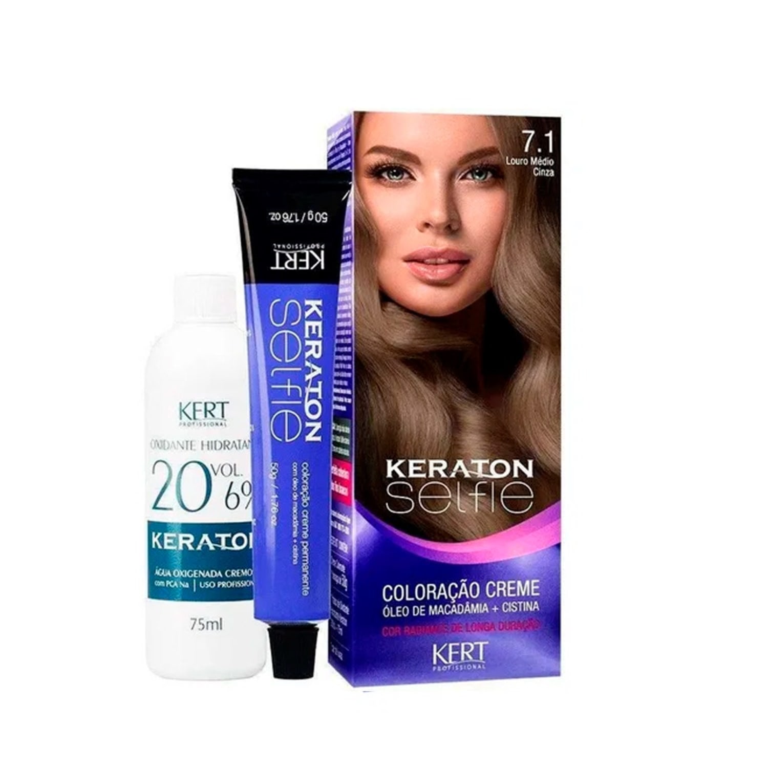 Kit Keraton Selfie 7.1 Louro Médio Cinza + Oxigenada (2 Produtos)