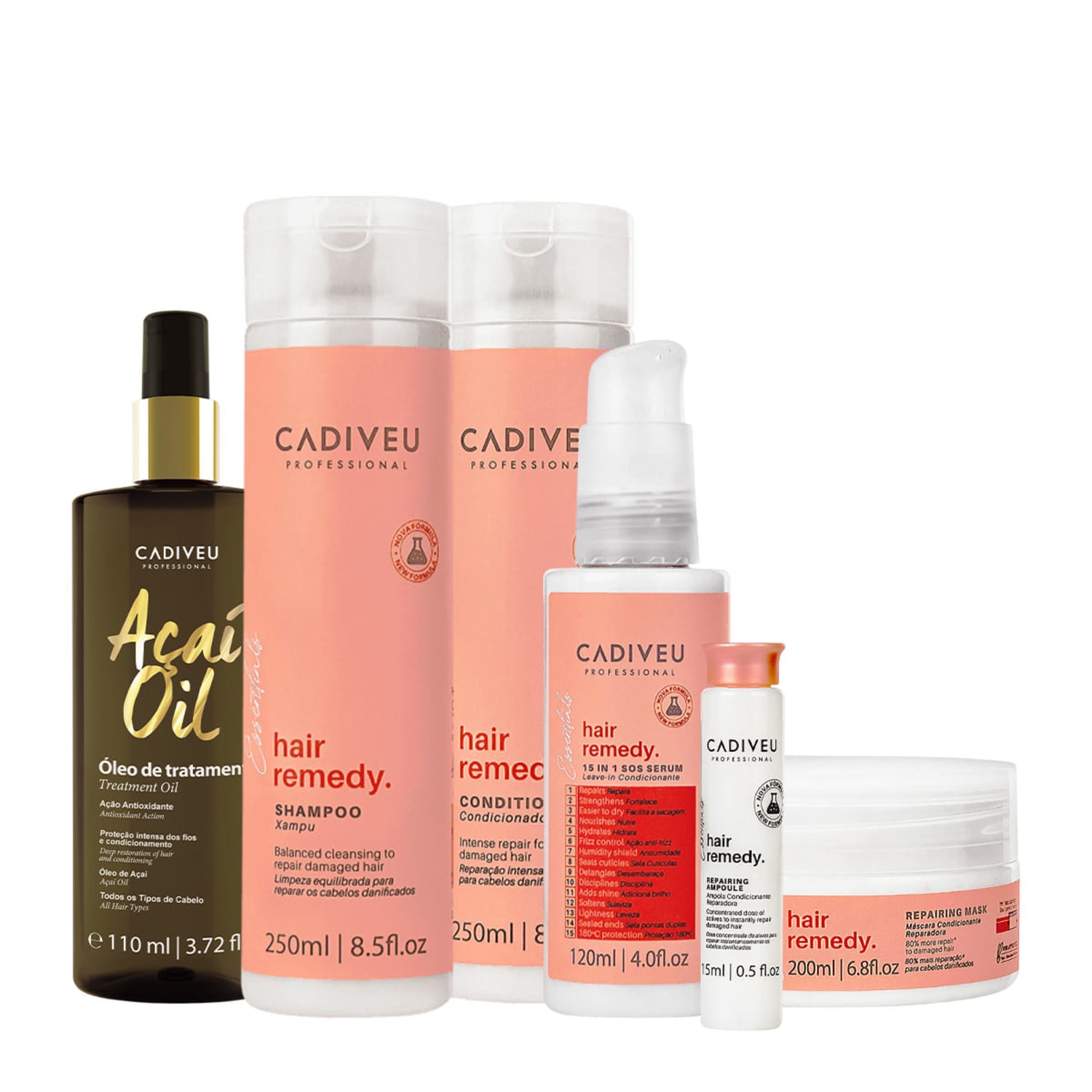 Kit Cadiveu Essentials Hair Remedy Shampoo Condicionador Máscara Sérum Ampola e Açaí Oil 110 (6 produtos)