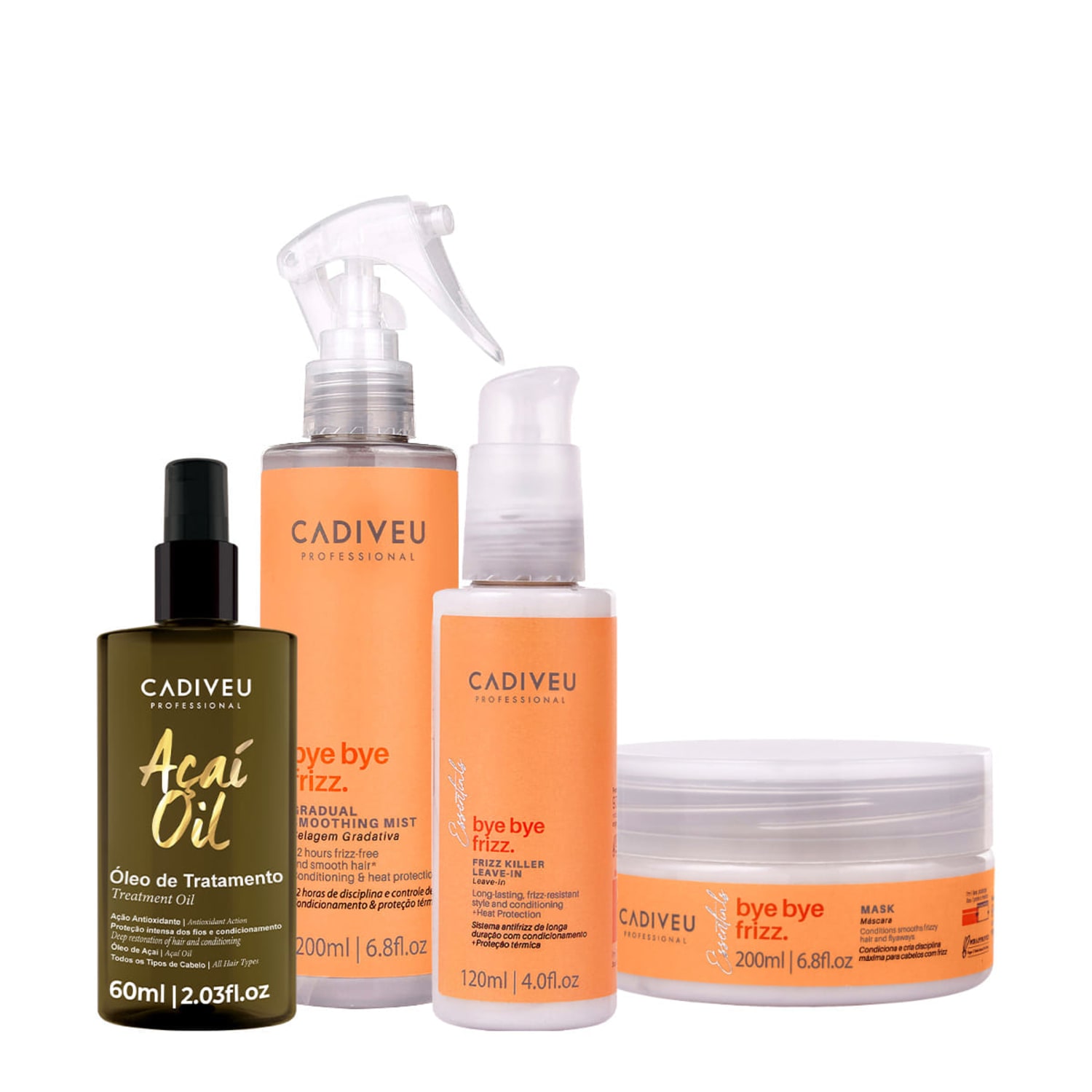Kit Cadiveu Professional Bye Bye Frizz Selagem Leave-in Máscara e Açaí Oil 60 (4 produtos)