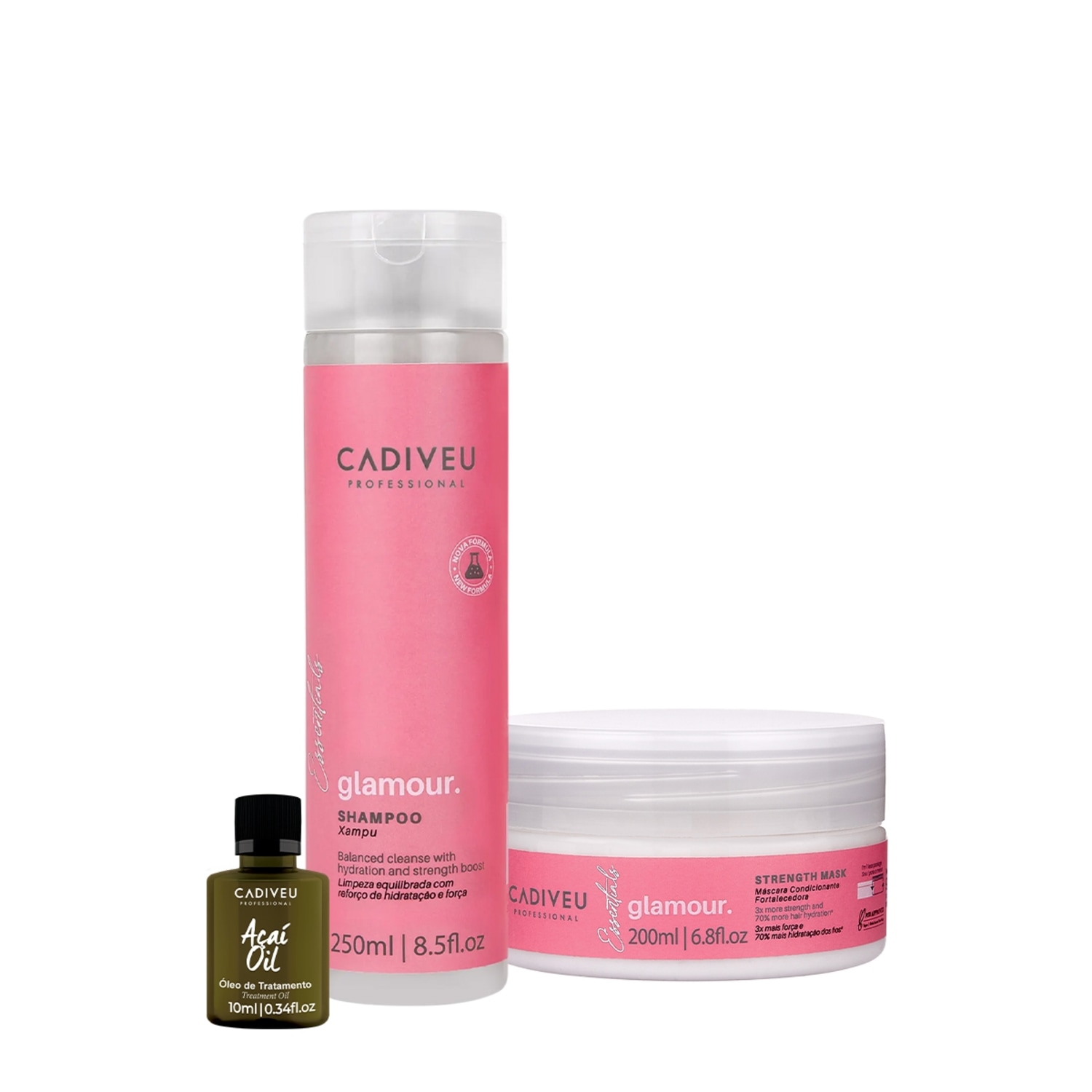 Kit Cadiveu Profissional Essentials Glamour Shampoo Máscara e Açaí Oil P (3 produtos)