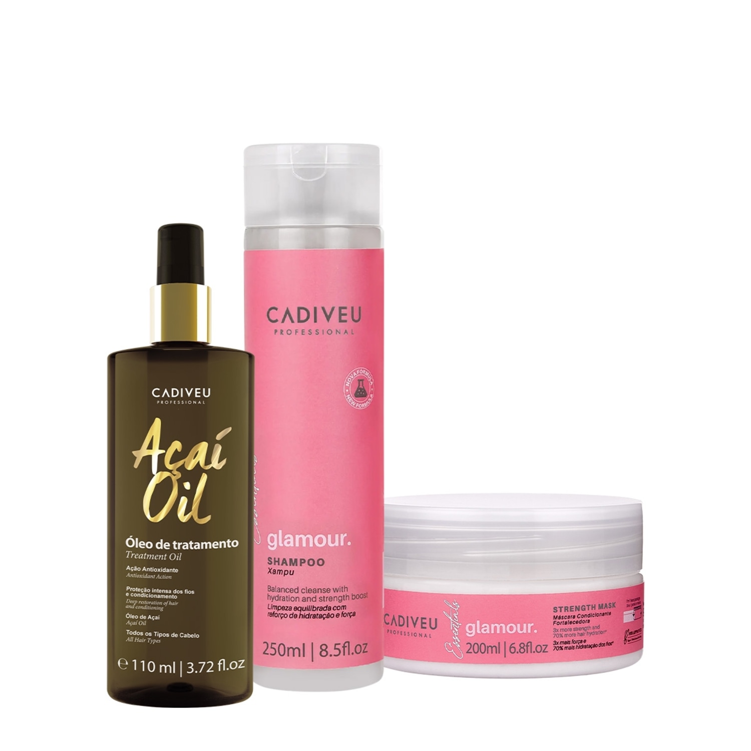 Kit Cadiveu Profissional Essentials Glamour Shampoo Máscara e Açaí Oil 110 (3 produtos)