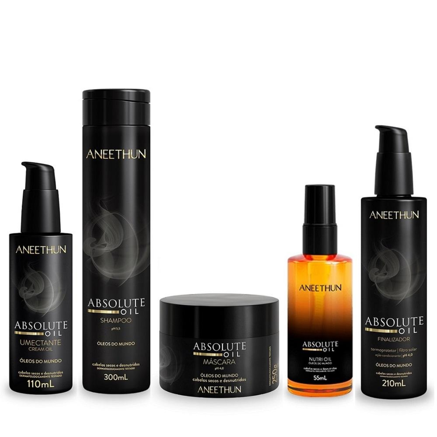Kit Aneethun Absolute Oil - Shampoo 300ml + Máscara 250g + Finalizador 210ml + Umectante 110ml + Óleo 55ml