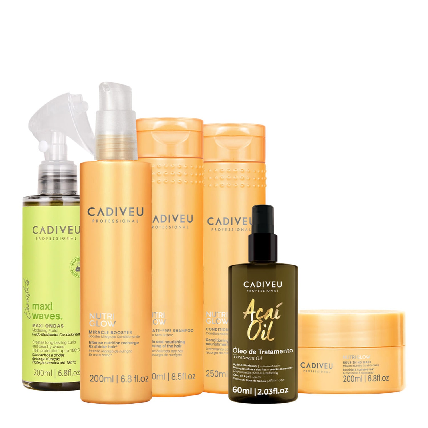Kit Cadiveu Professional Nutri Glow Shampoo Condicionador Máscara Fluído Leave-in e Açaí Oil 60 (6 produtos)