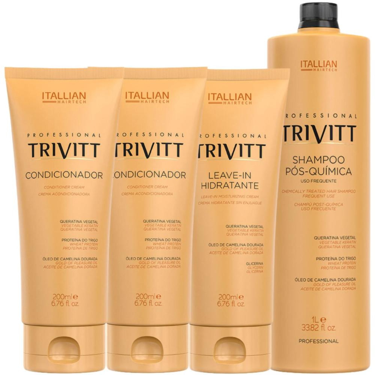 Trivitt - Kit 2 Unidades de Condicionador 200ml com Leave-in Hidratante 200ml e Shampoo Pós-Química para uso frequente 1L