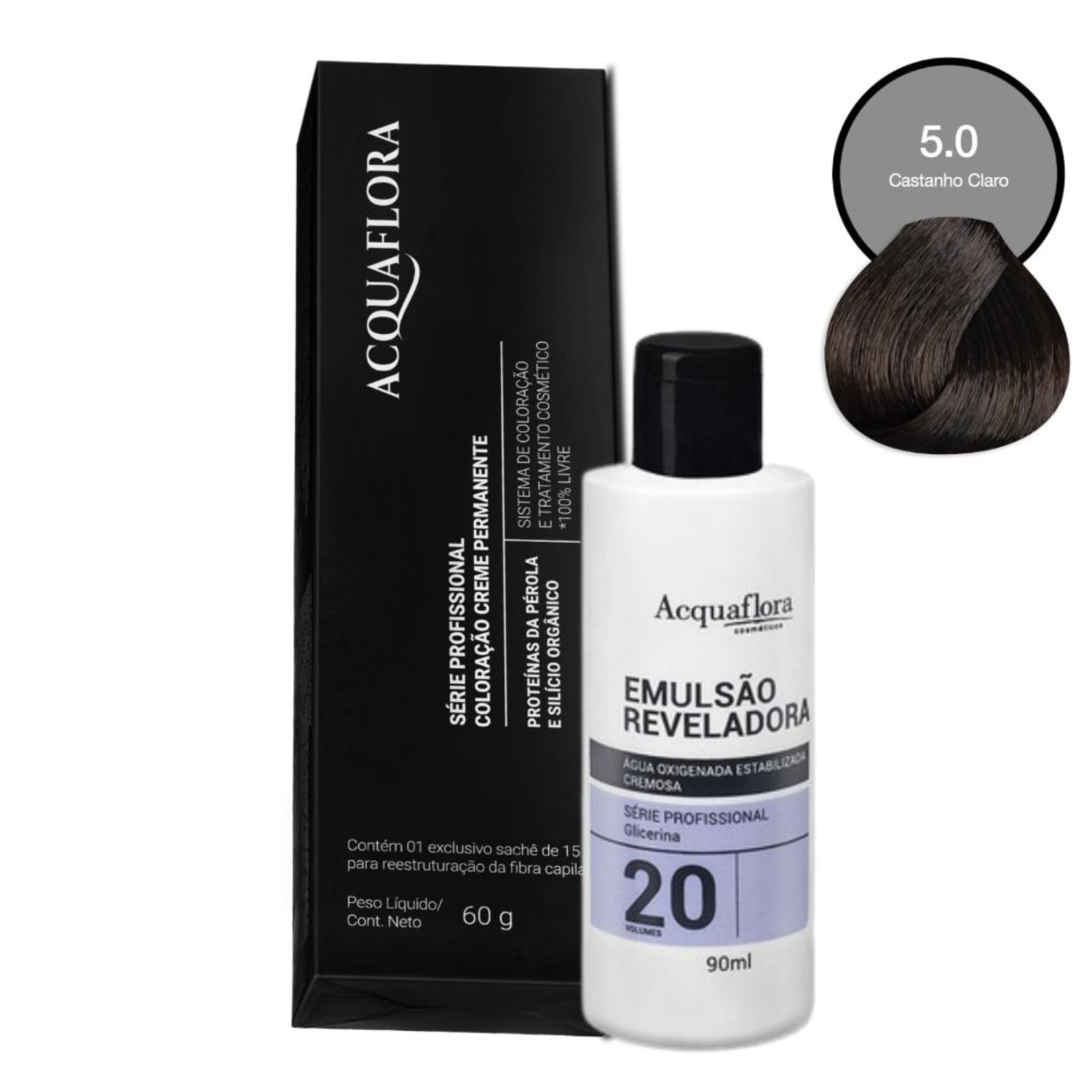Kit Acquaflora Coloração 5.0 Castanho Claro + Água Oxigenada 20 Volumes (2 Produtos)