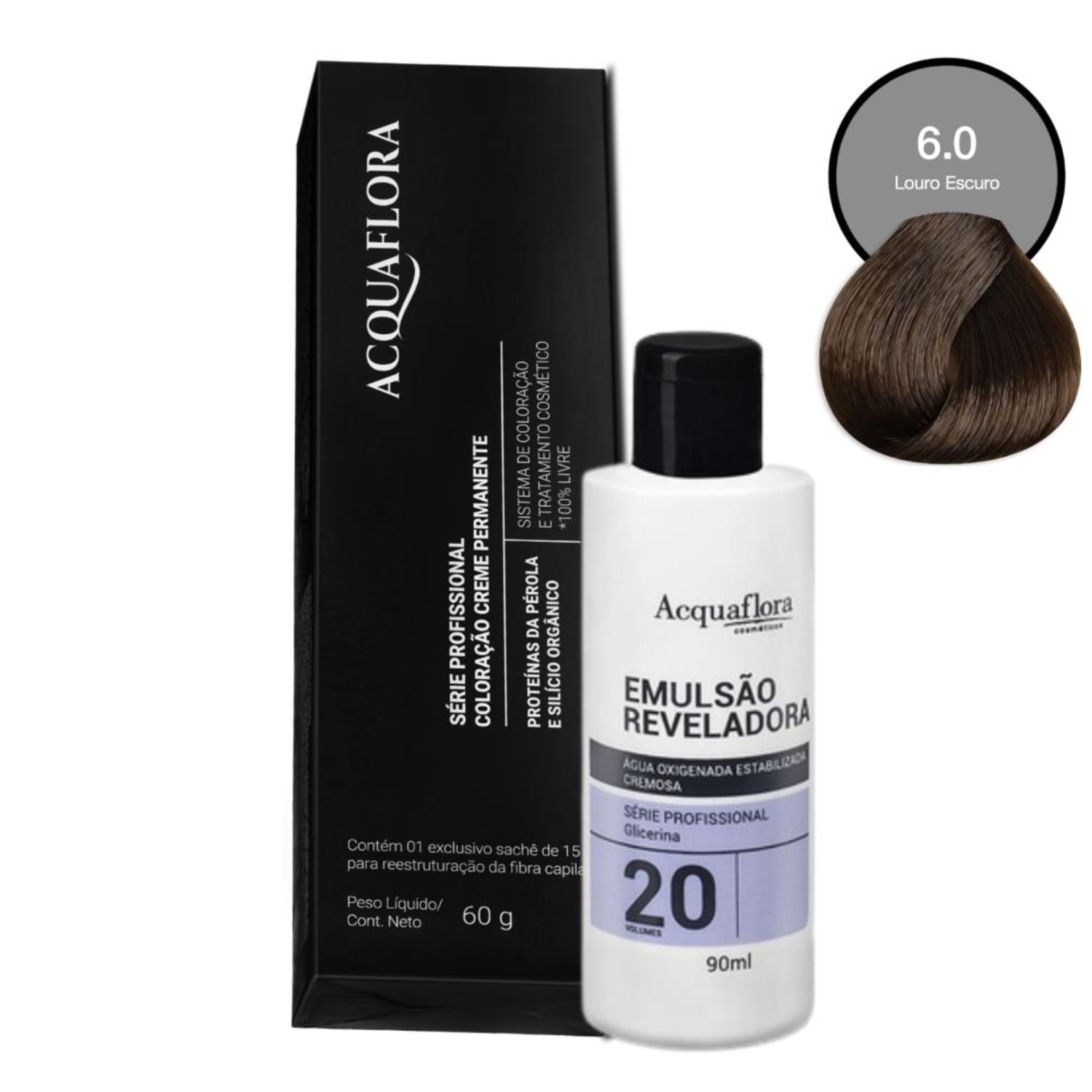 Kit Acquaflora Coloração 6.0 Louro Escuro + Água Oxigenada 20 Volumes (2 Produtos)