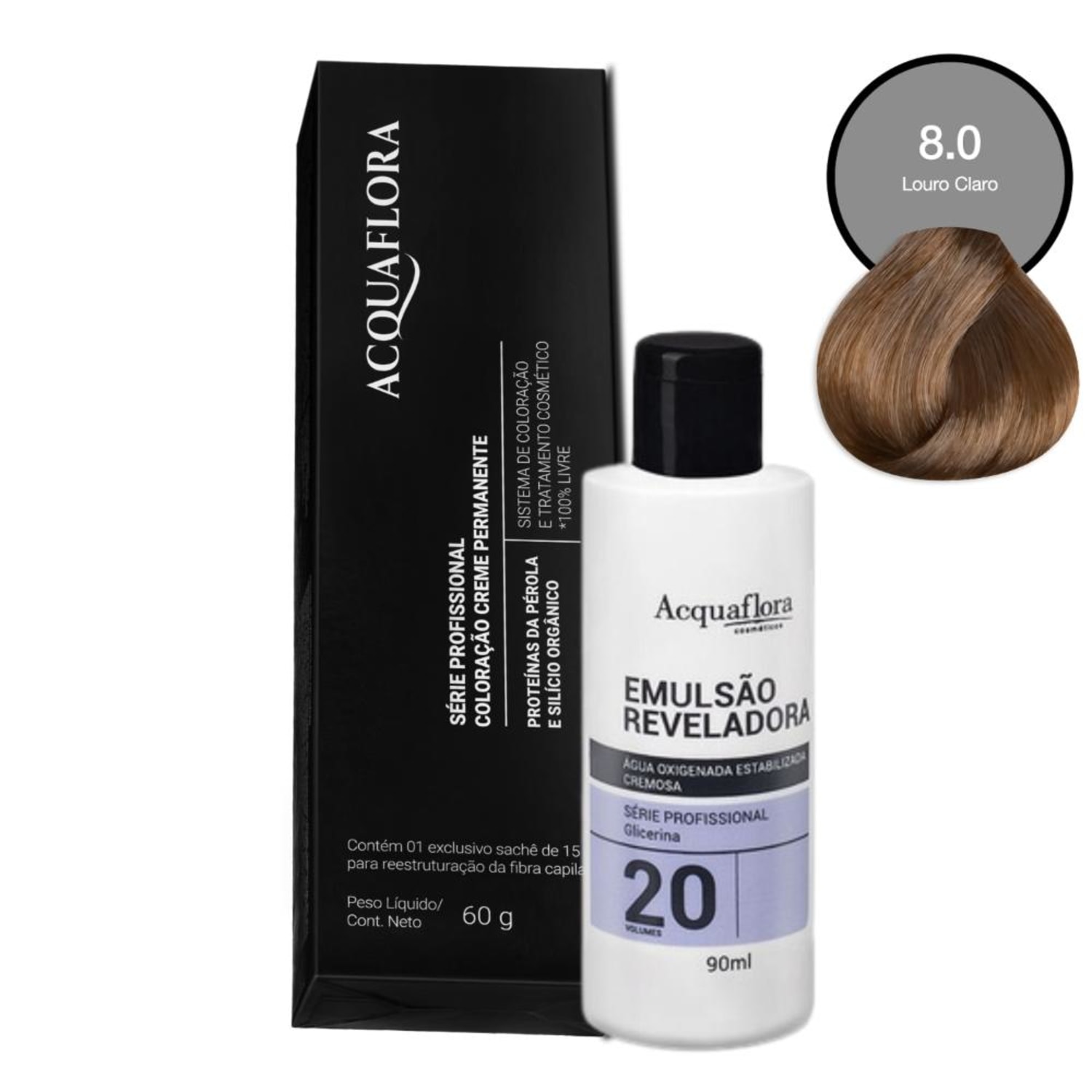 Kit Acquaflora Coloração 8.0 Louro Claro + Água Oxigenada 20 Volumes (2 Produtos)