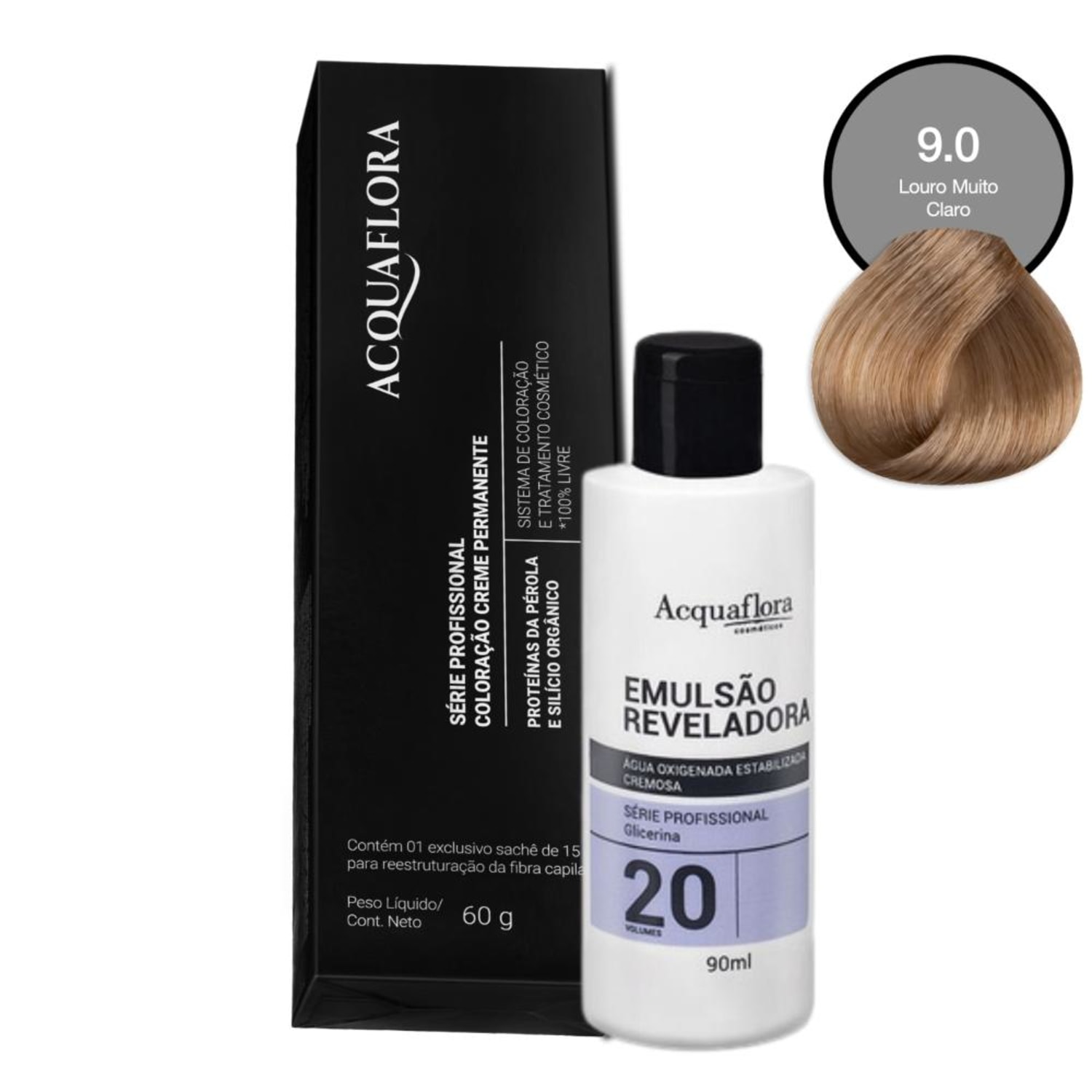 Kit Acquaflora Coloração 9.0 Louro Muito Claro + Água Oxigenada 20 Volumes (2 Produtos)