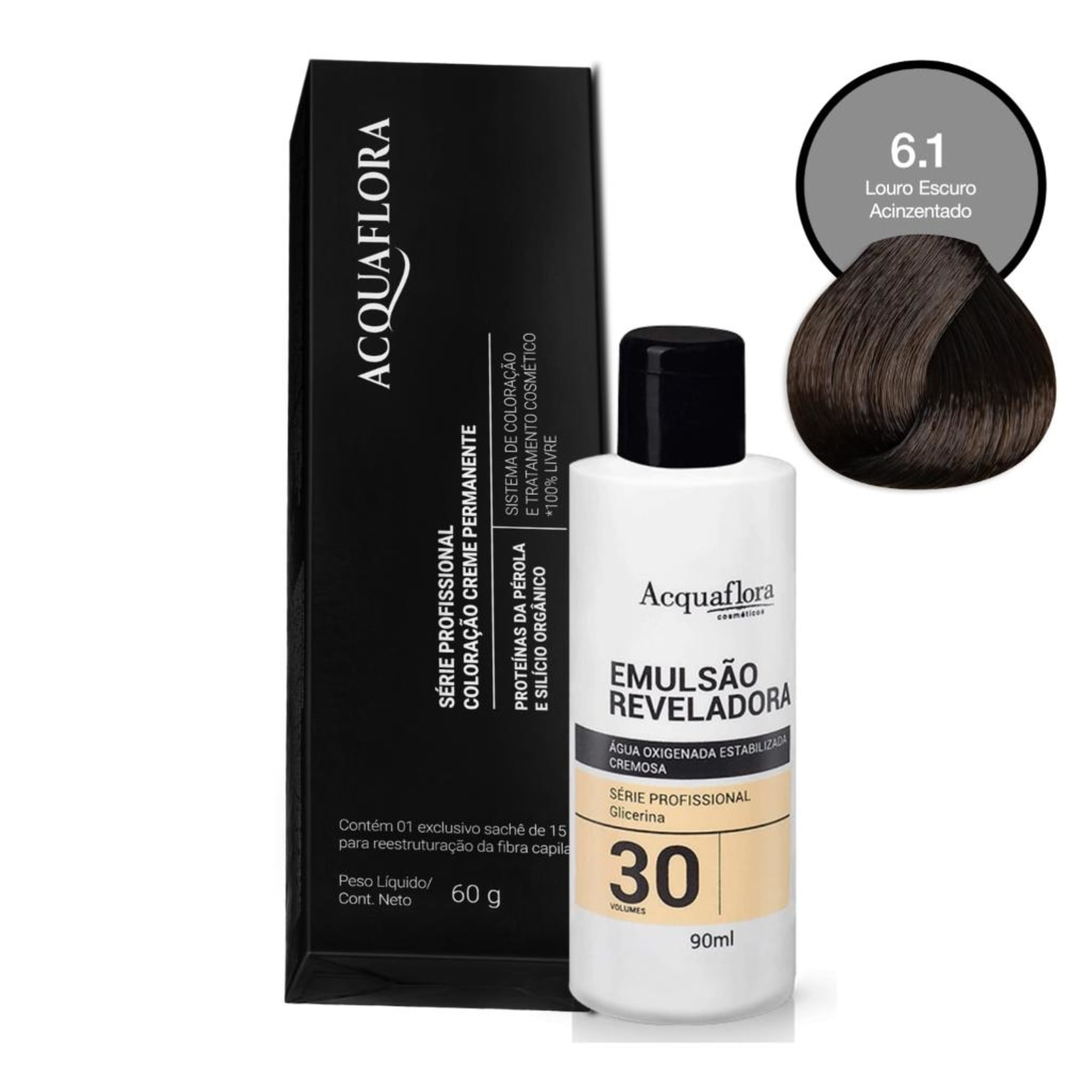 Kit Acquaflora Coloração 6.1 Louro Escuro Acinzentado + Água Oxigenada 30 Volumes (2 Produtos)