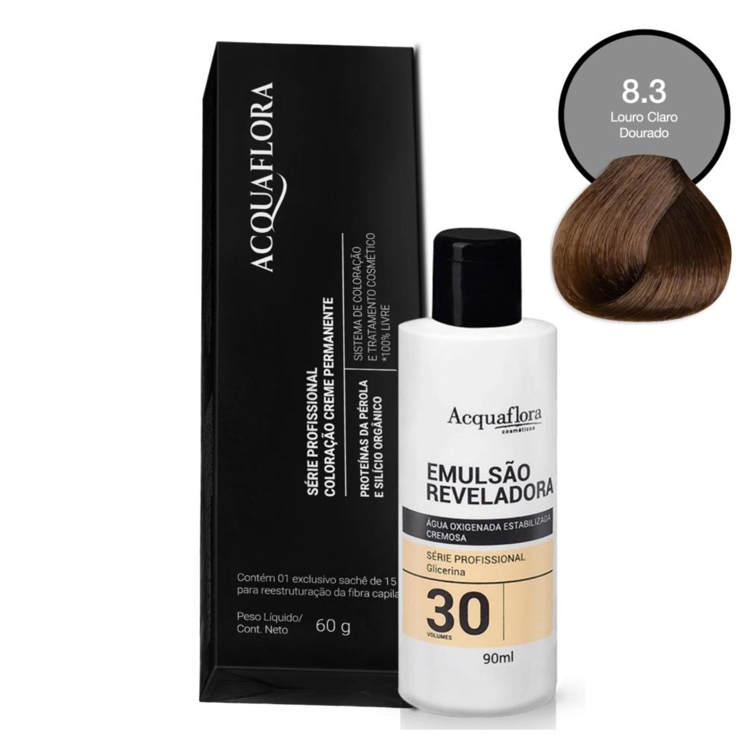 Kit Acquaflora Coloração 8.3 Louro Claro Dourado + Água Oxigenada 30 Volumes (2 Produtos)